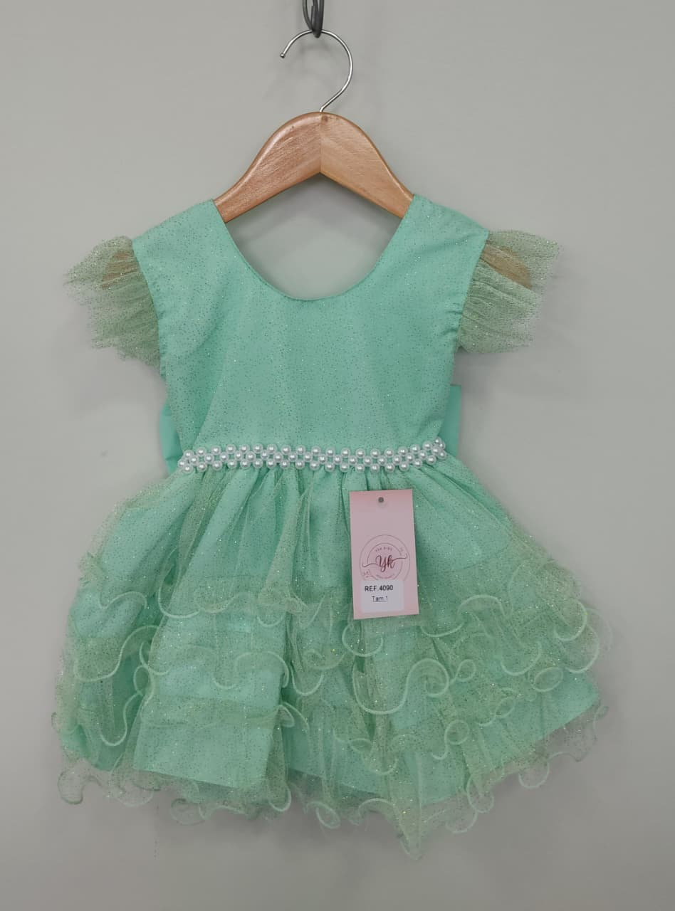 Vestido Infantil Verde Menta Saia C/ Babados e Glitter Festas