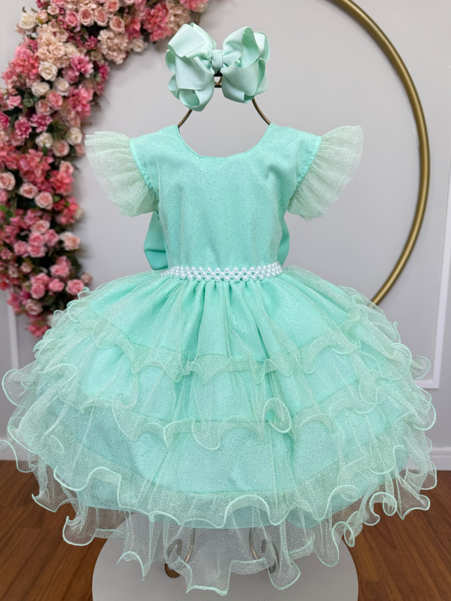 Vestido Infantil Verde Menta Saia C/ Babados e Glitter Festas