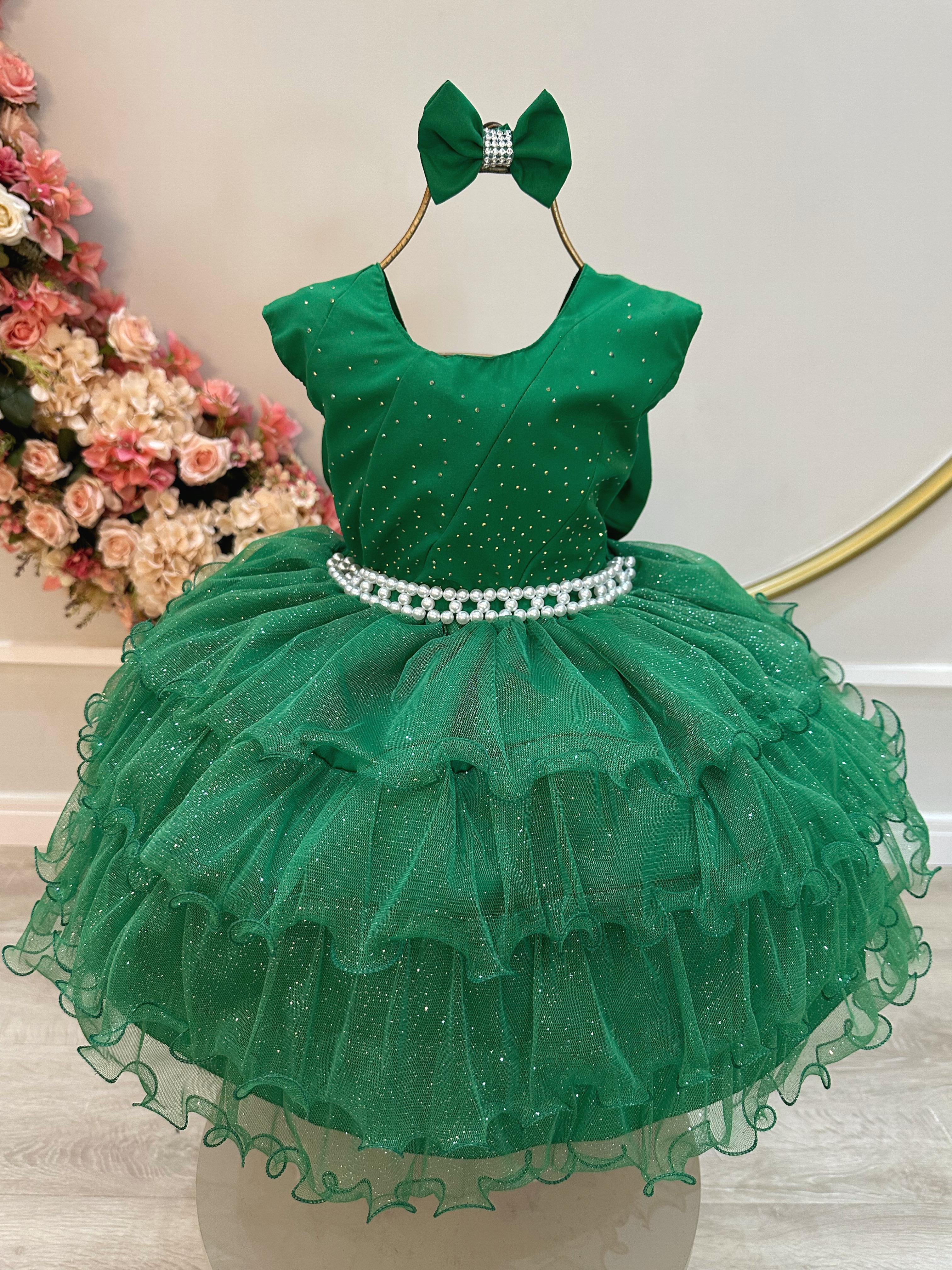 Vestido Infantil Verde Saia Babado e Glitter Pérolas Daminha