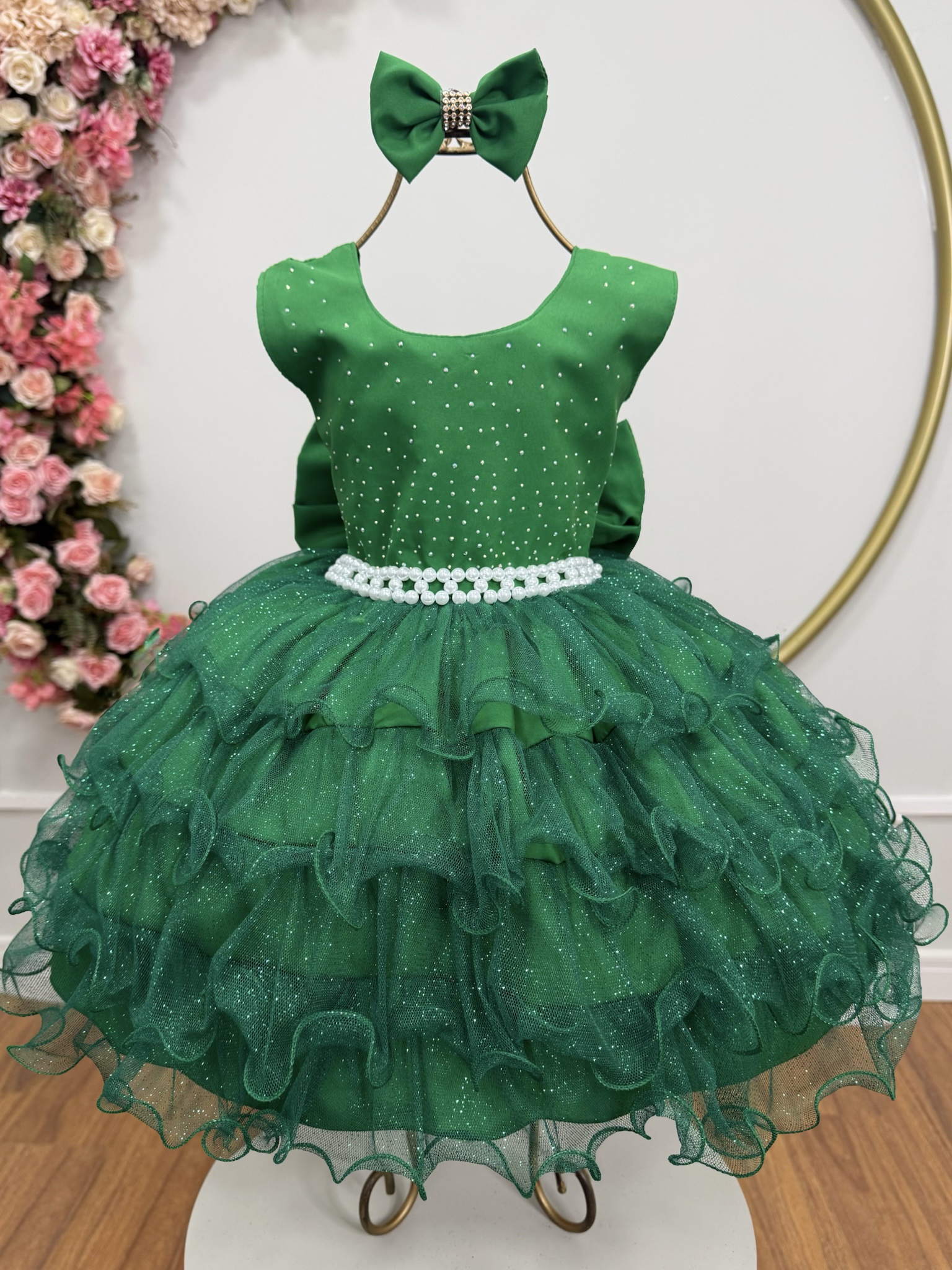 Vestido Infantil Verde Saia C/ Babados e Glitter Daminha