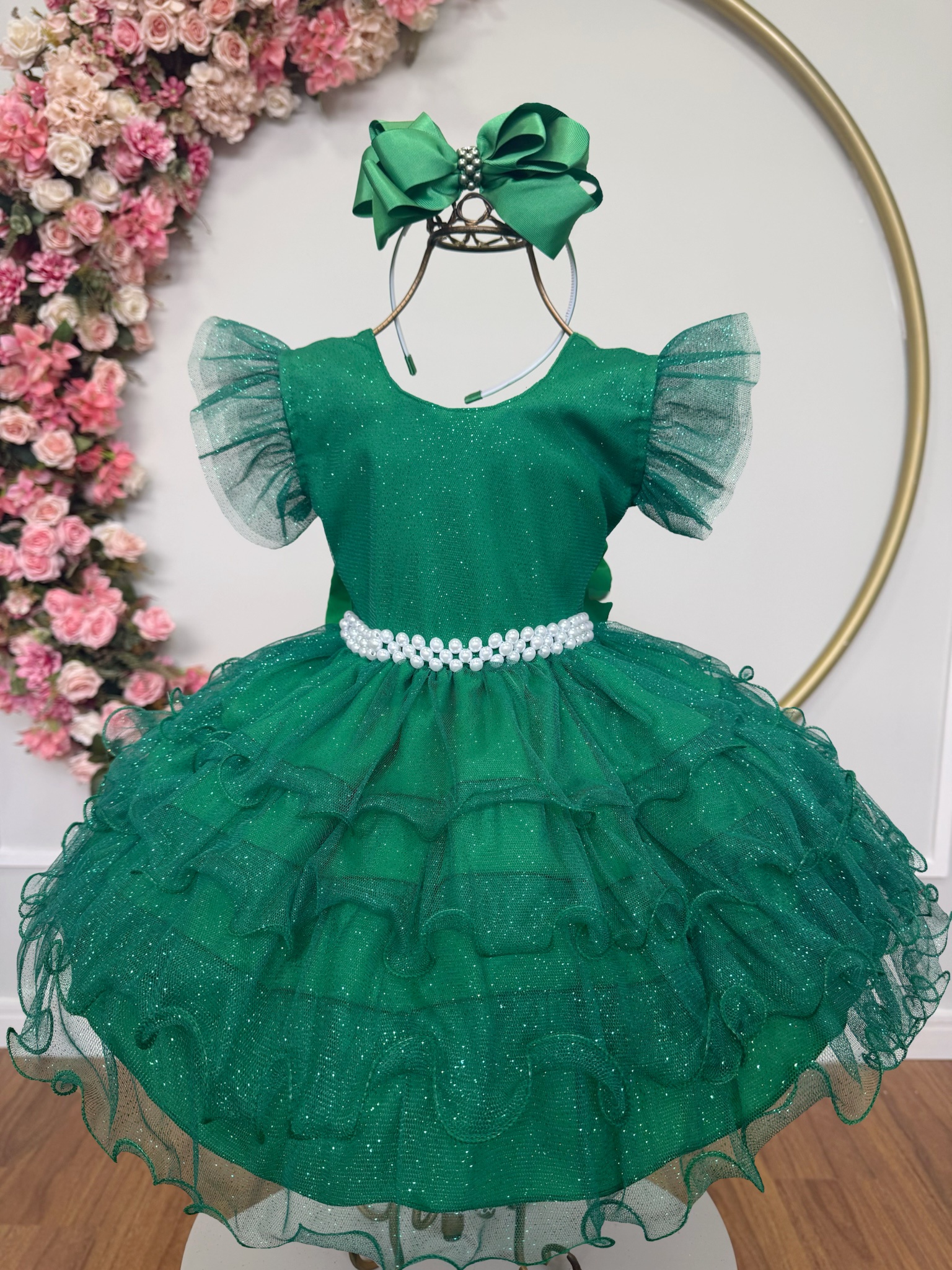 Vestido Infantil Verde Saia C/ Babados e Glitter Festas