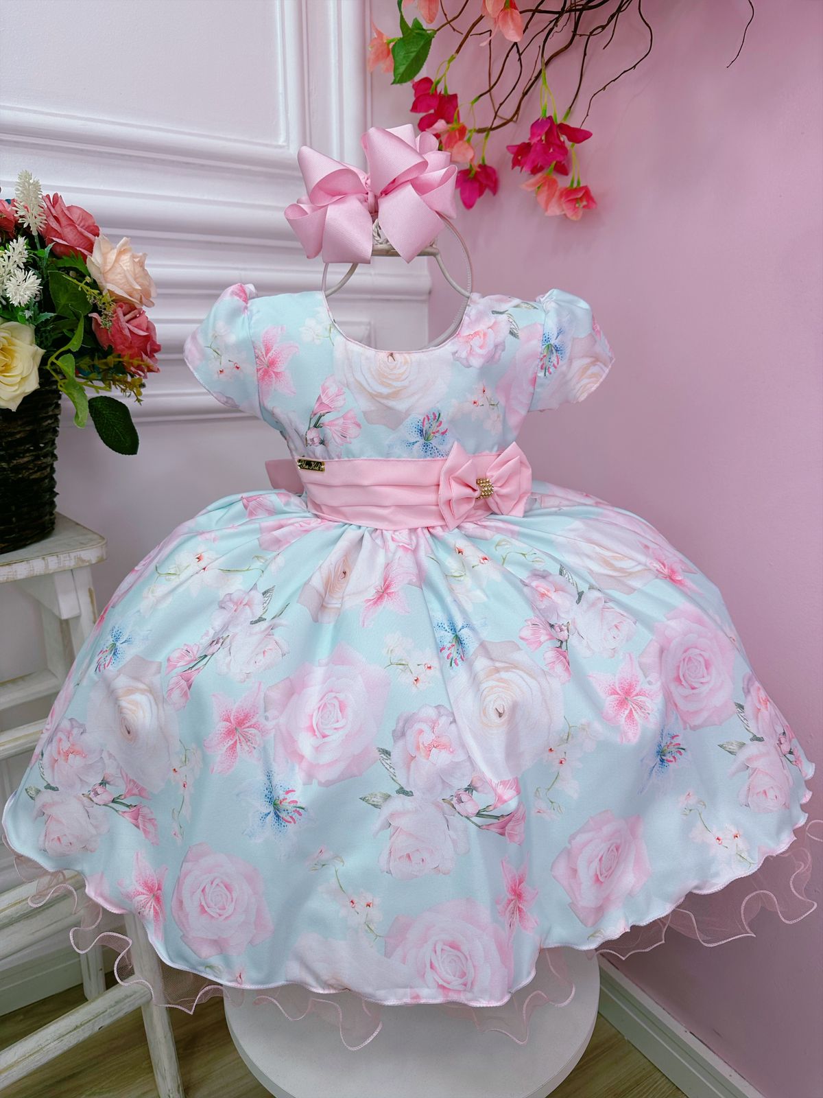 Vestido Infantil Verde Flores Primavera C/ Pérolas