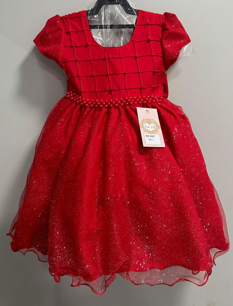 Vestido Infantil Vermelho Busto Nervura Pérolas e Glitter