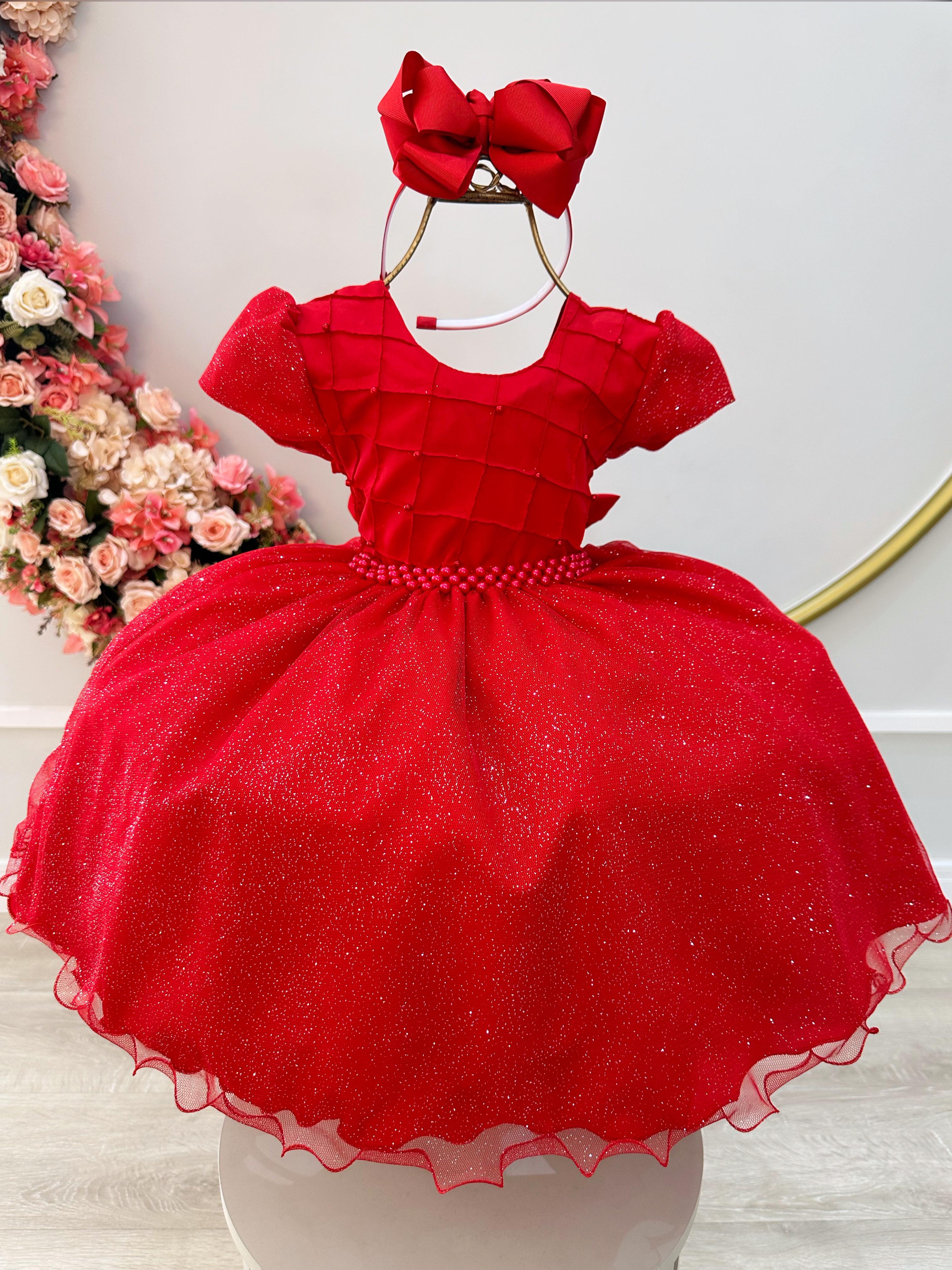 Vestido Infantil Vermelho Busto Nervura Pérolas e Glitter