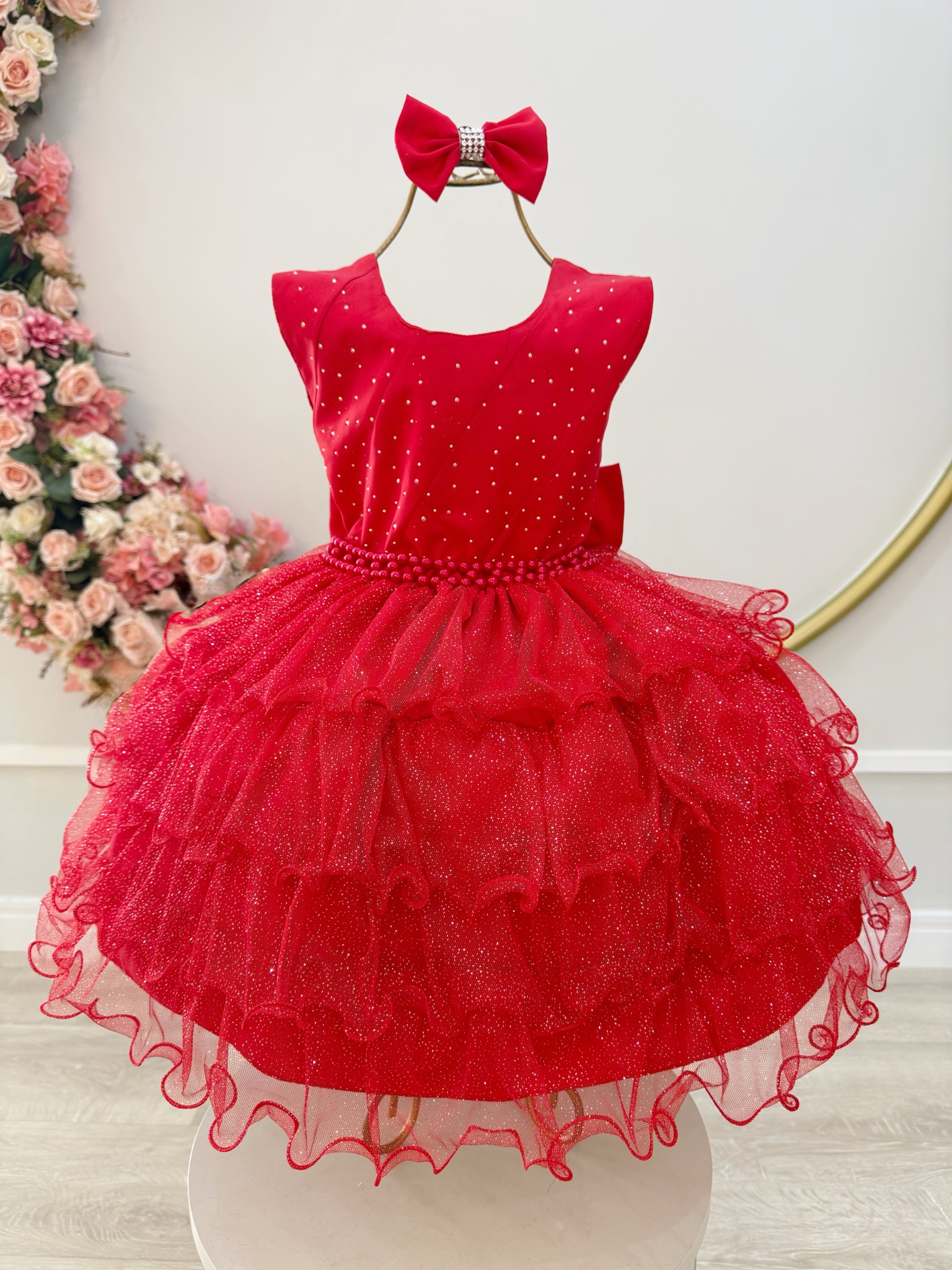 Vestido Infantil Vermelho Saia Babados Glitter Daminhas Luxo