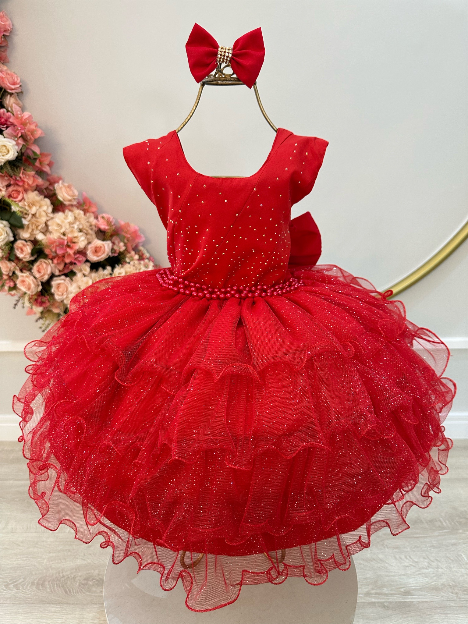 Vestido Infantil Vermelho Saia C/ Babados e Glitter Daminhas