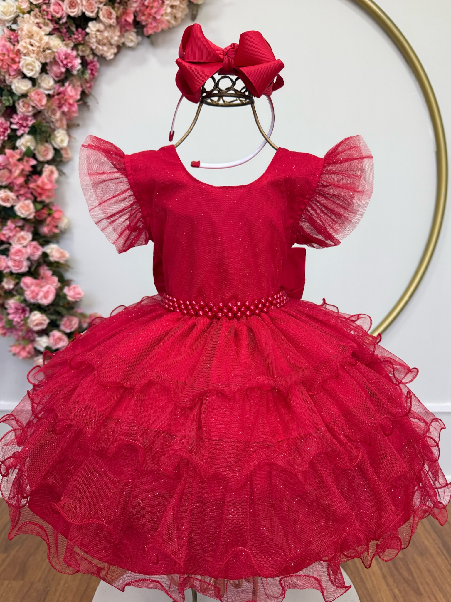 Vestido Infantil Vermelho Saia C/ Babados e Glitter Festas