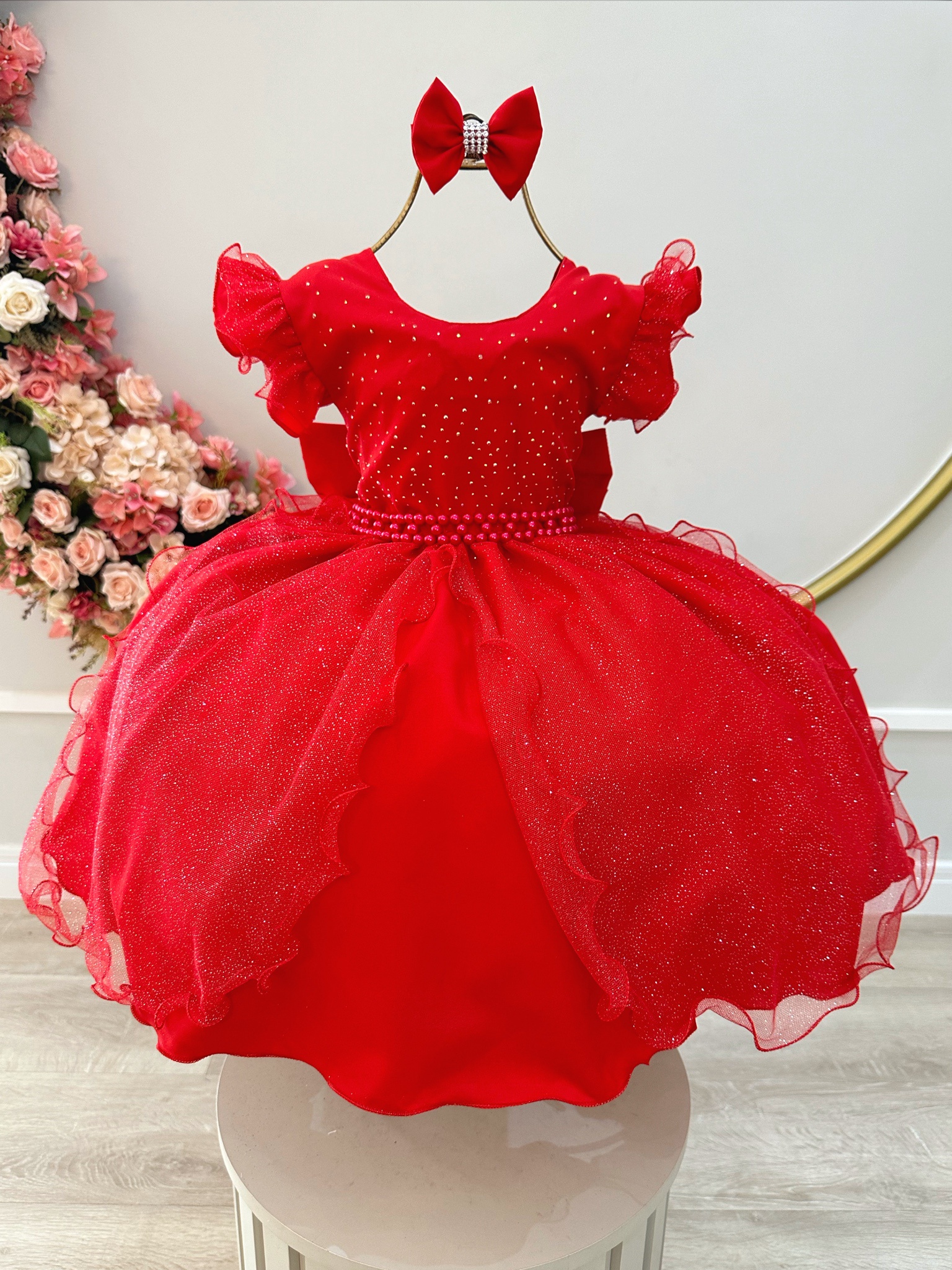 Vestido Infantil Vermelho Saia C/ Tule e Glitter Daminha