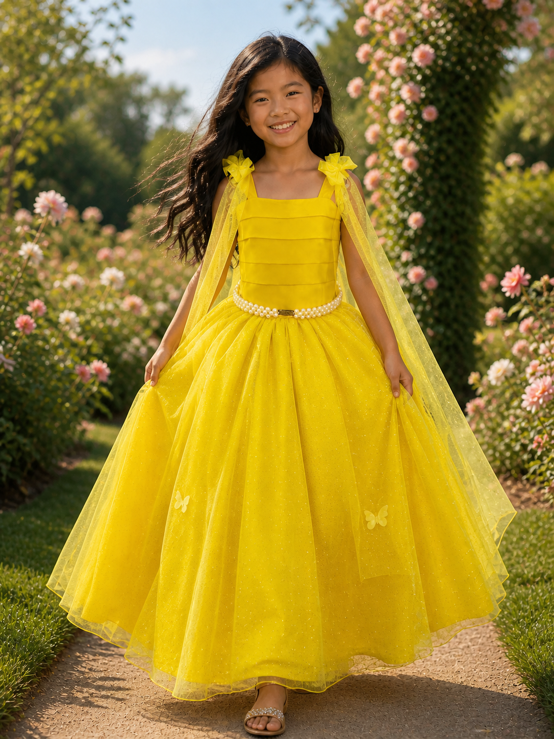 Vestido Infantil Longo Amarelo C/ Aplique de Borboletas Festas