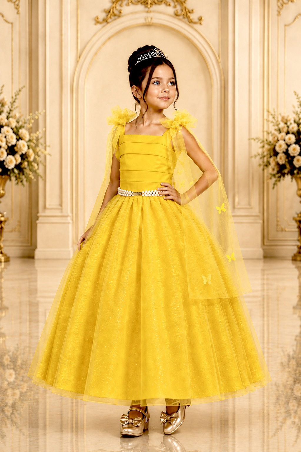 Vestido Infantil Longo Amarelo C/ Aplique de Borboletas Festas