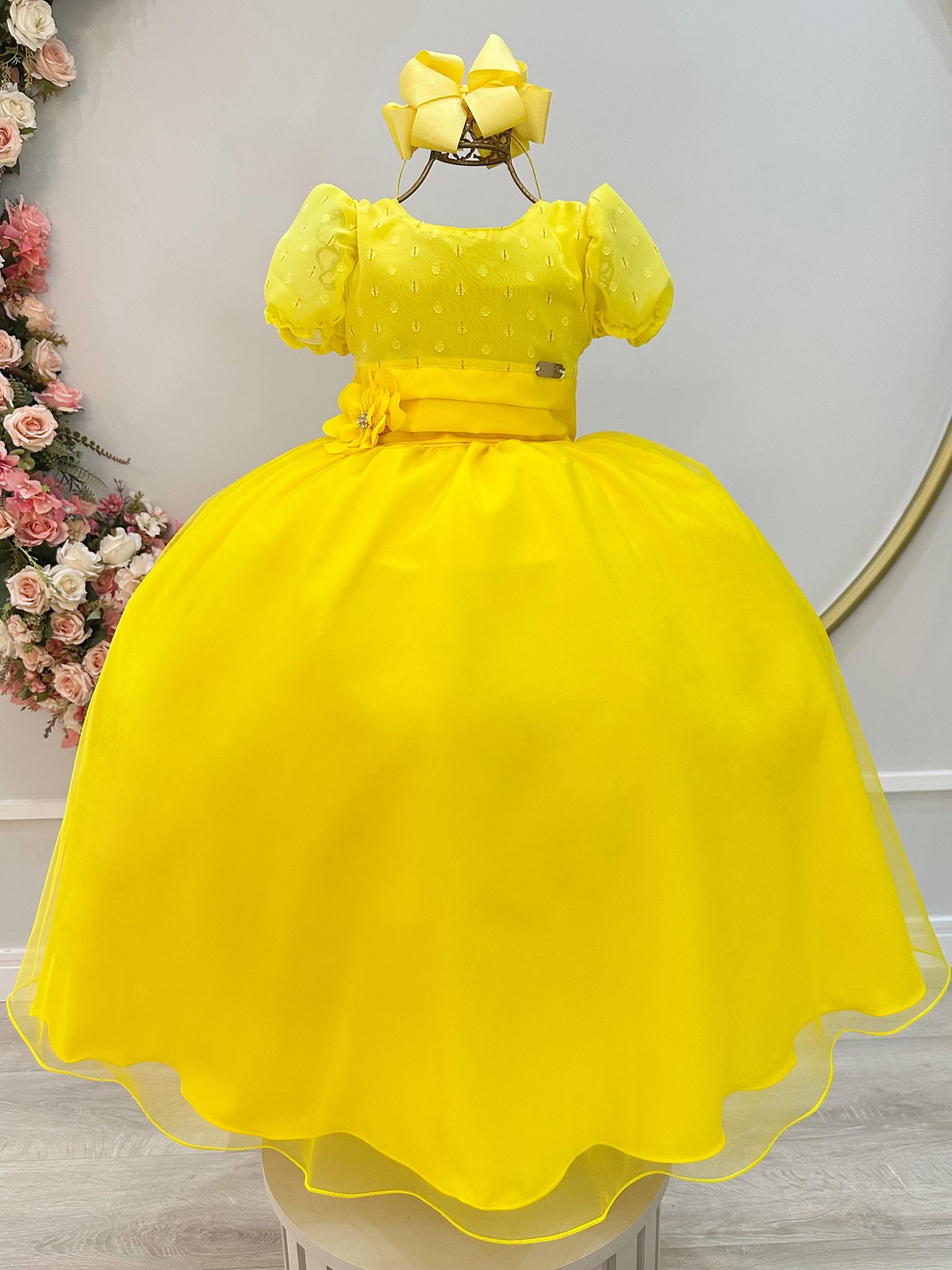Vestido Infantil Longo Amarelo C/ Broche Flor Daminhas Festas