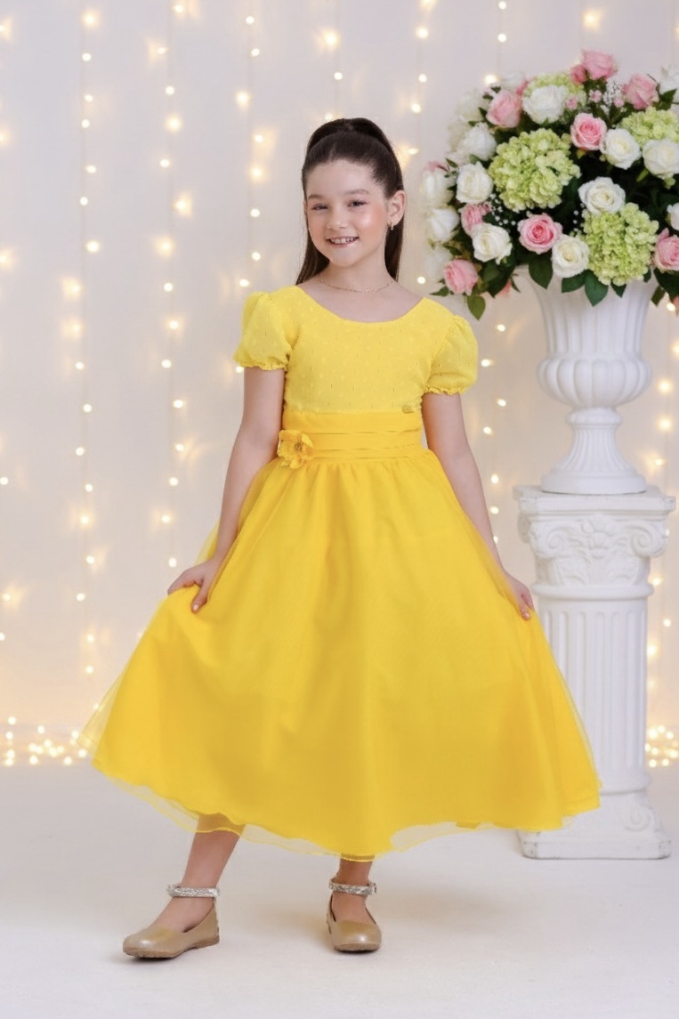 Vestido Infantil Longo Amarelo C/ Broche Flor Daminhas Festas