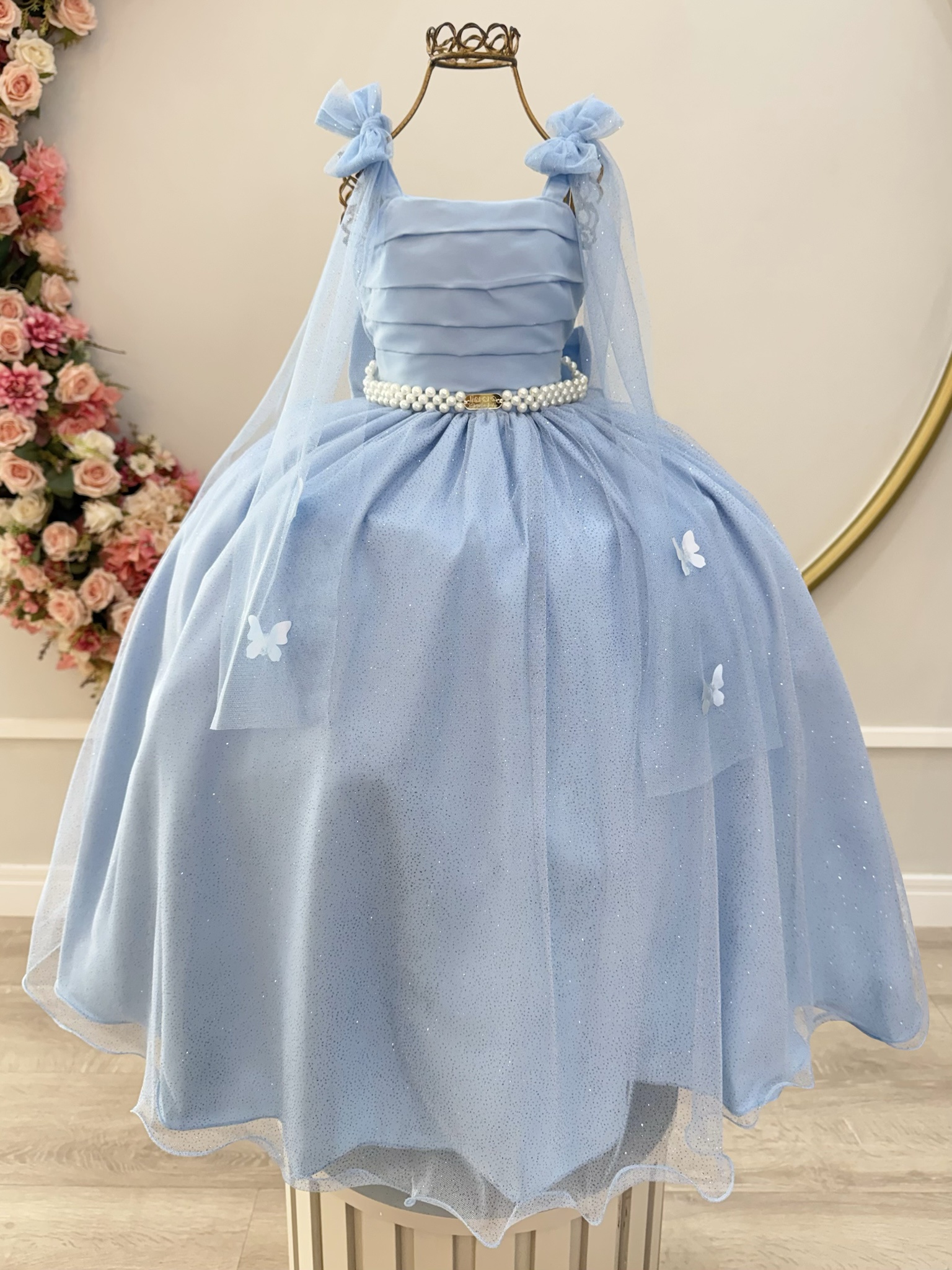 Vestido Infantil Longo Azul C/ Aplique de Borboletas Festas
