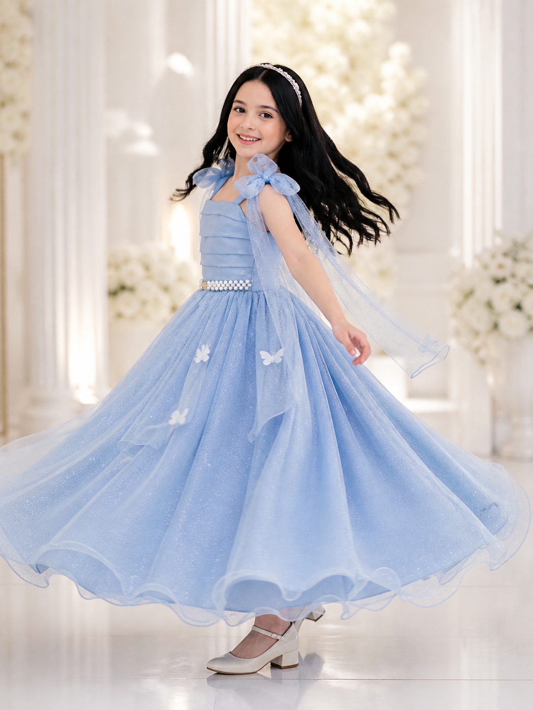 Vestido Infantil Longo Azul C/ Aplique de Borboletas Festas