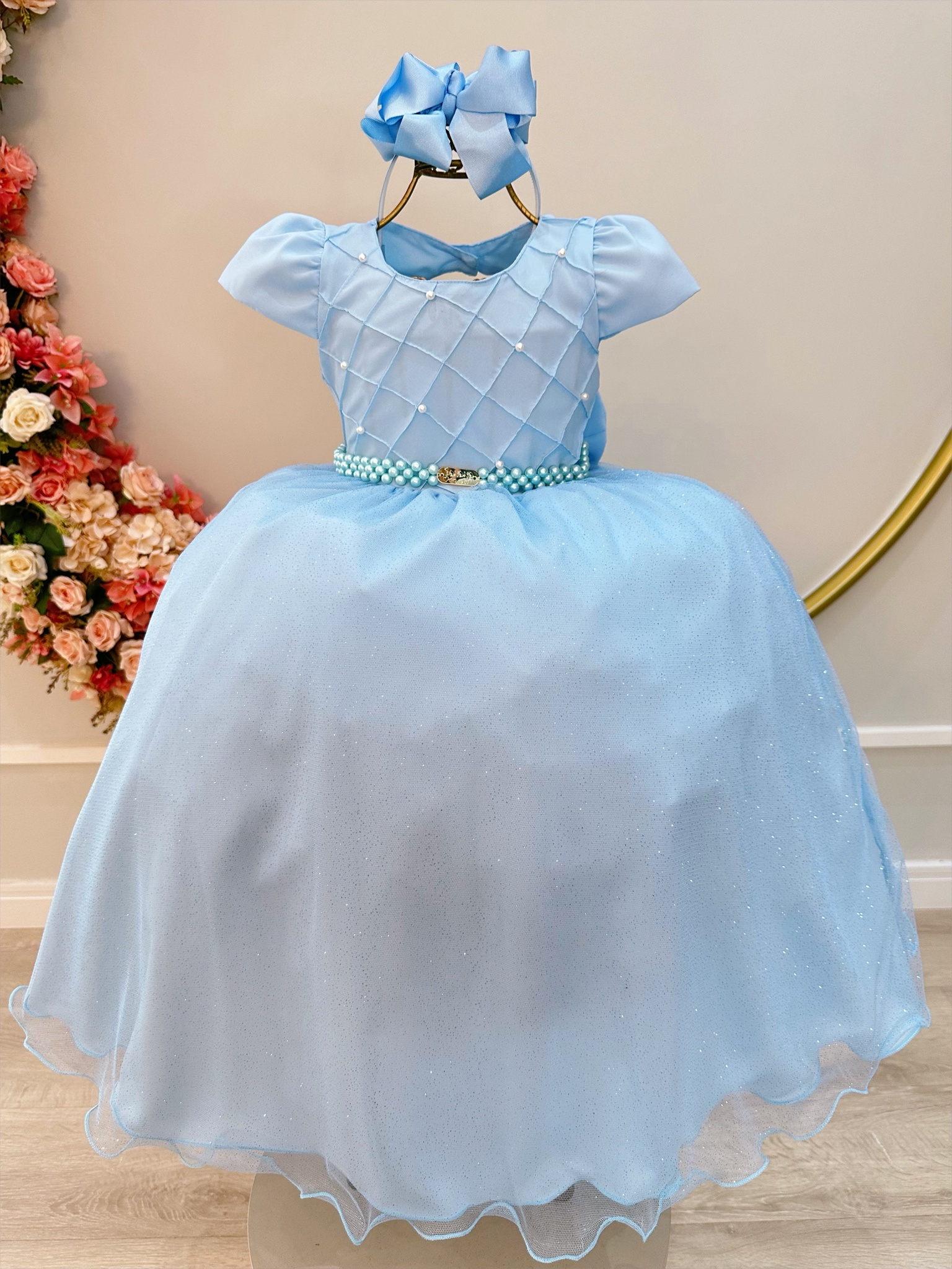 Vestido Infantil Longo Azul Claro Busto Nervura Festa Daminha