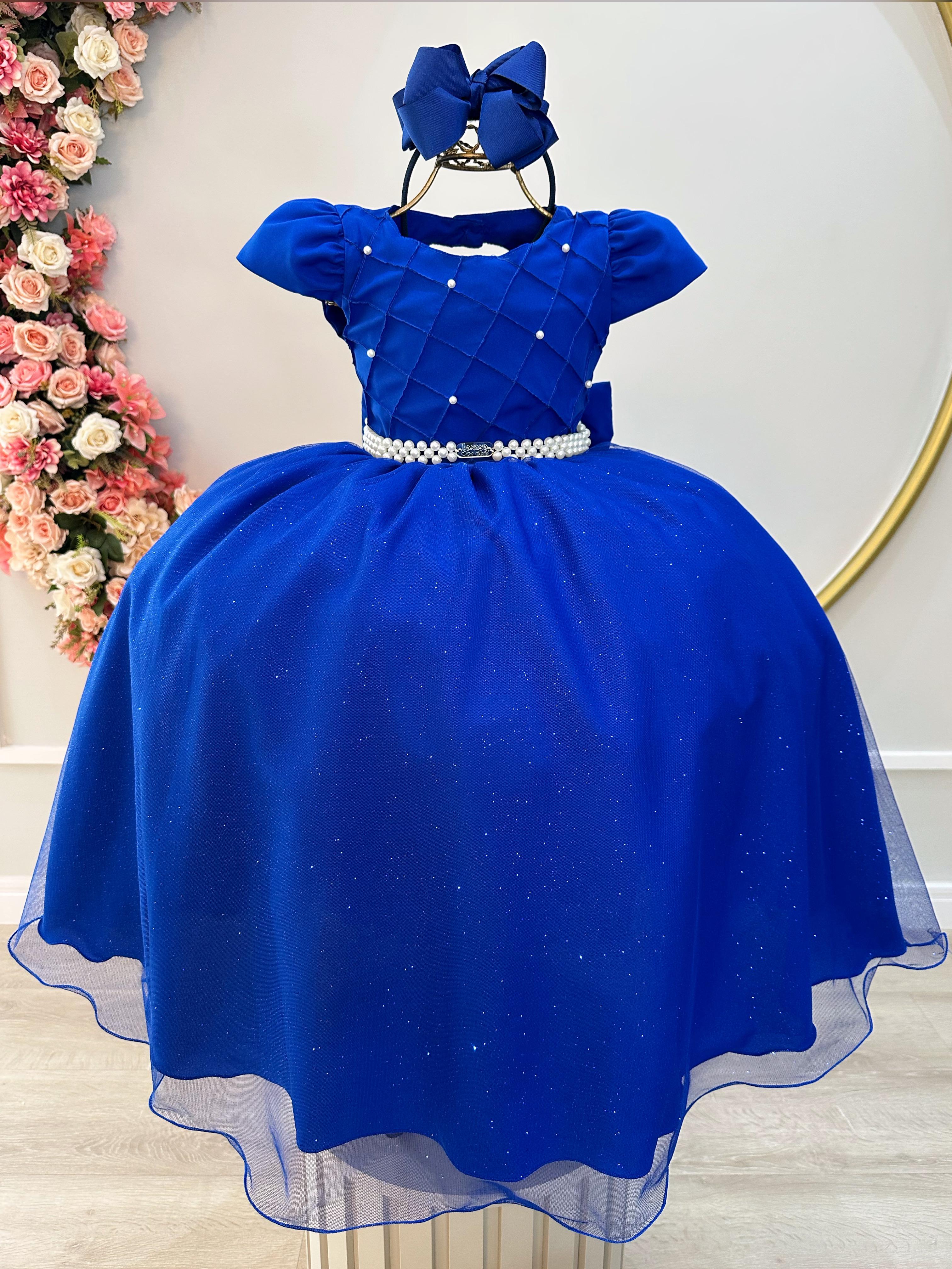 Vestido Infantil Longo Azul Royal Busto Nervura Festas Damas