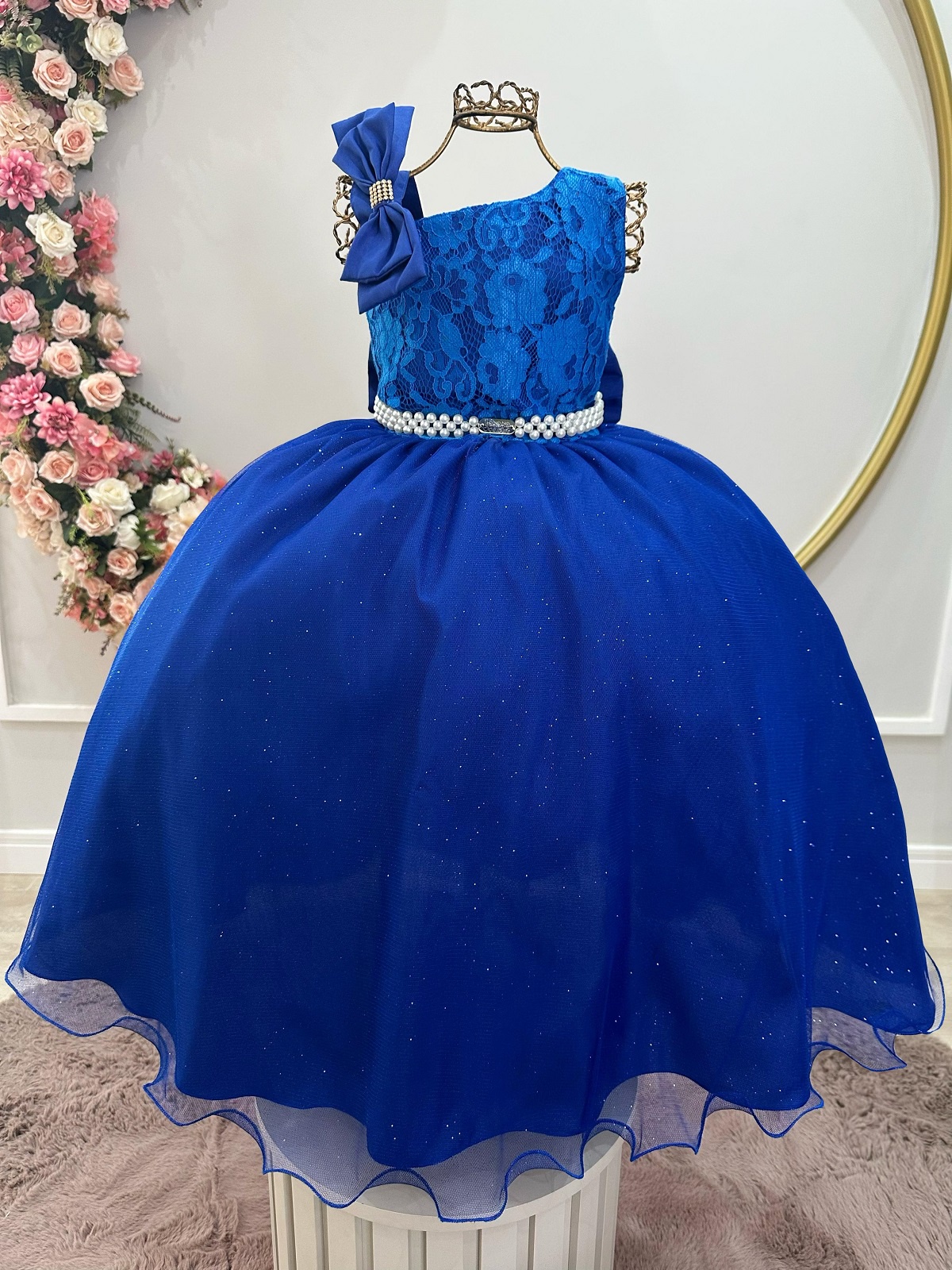 Vestido Infantil Longo Azul Royal Busto Renda Festas Daminhas