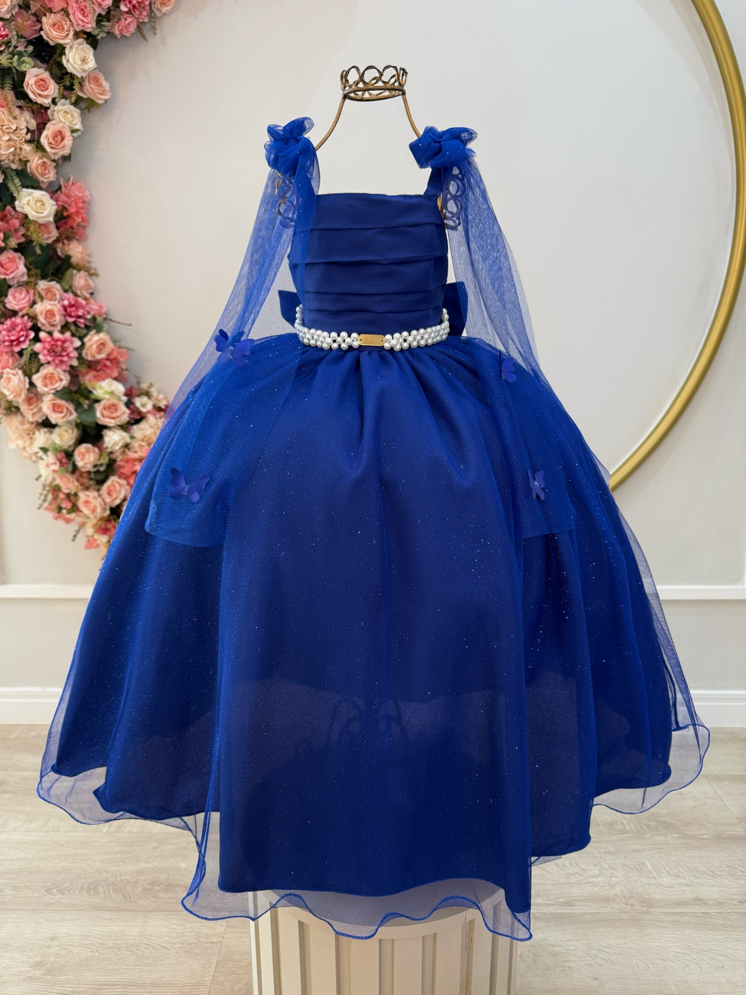 Vestido Infantil Longo Azul Royal C/ Aplique Borboletas Festas
