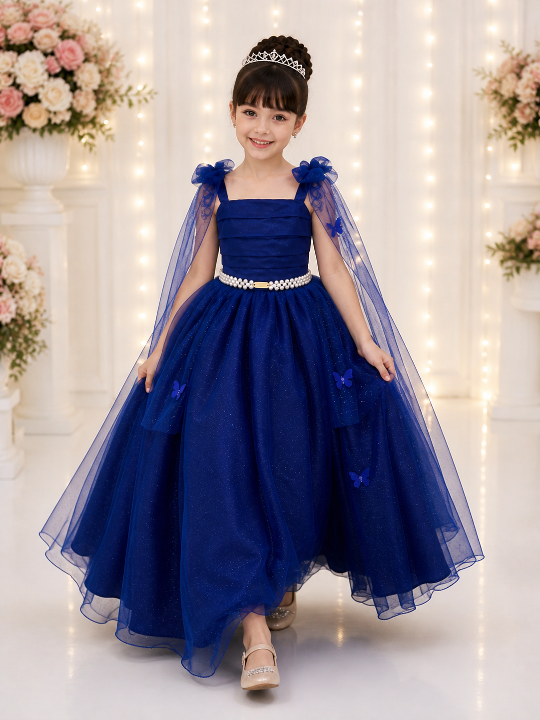 Vestido Infantil Longo Azul Royal C/ Aplique Borboletas Festas