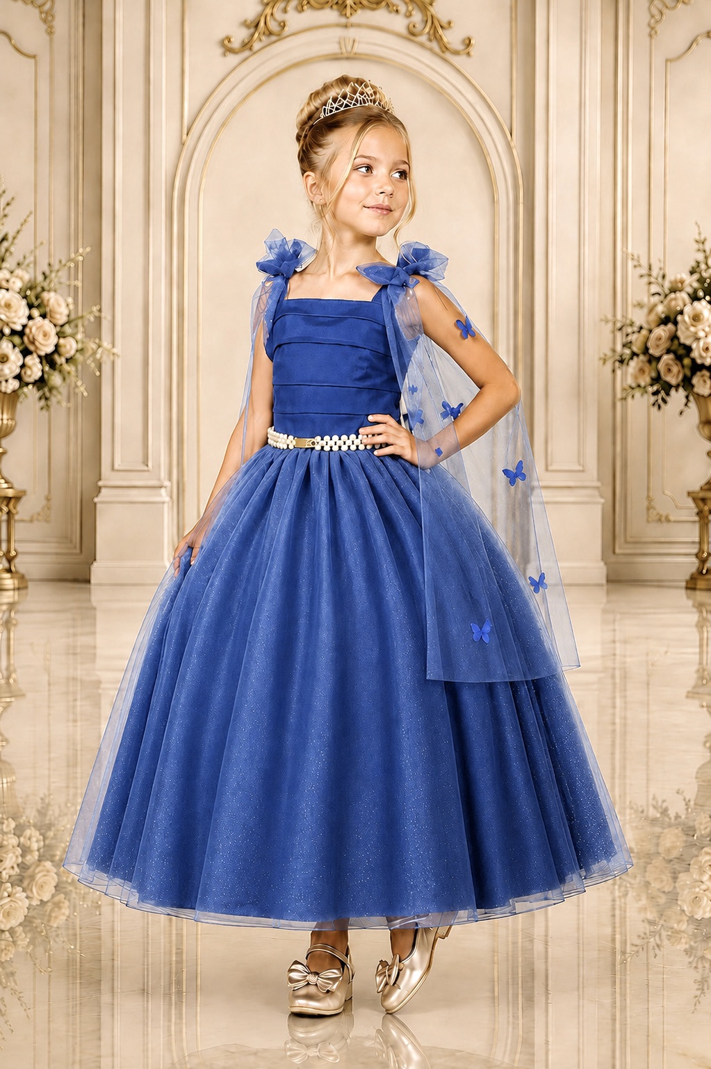 Vestido Infantil Longo Azul Royal C/ Aplique Borboletas Festas