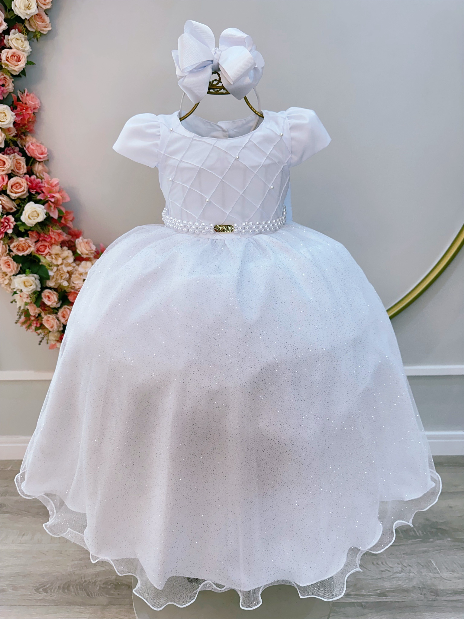 Vestido Infantil Longo Branco Busto Nervura Daminhas Festas