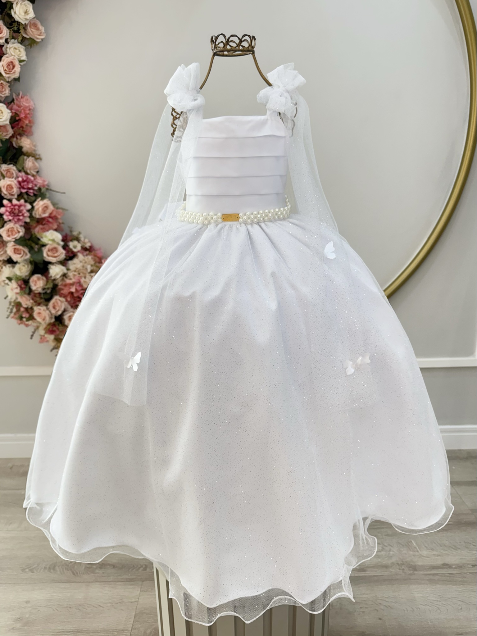 Vestido Infantil Longo Branco C/ Aplique de Borboletas Festas