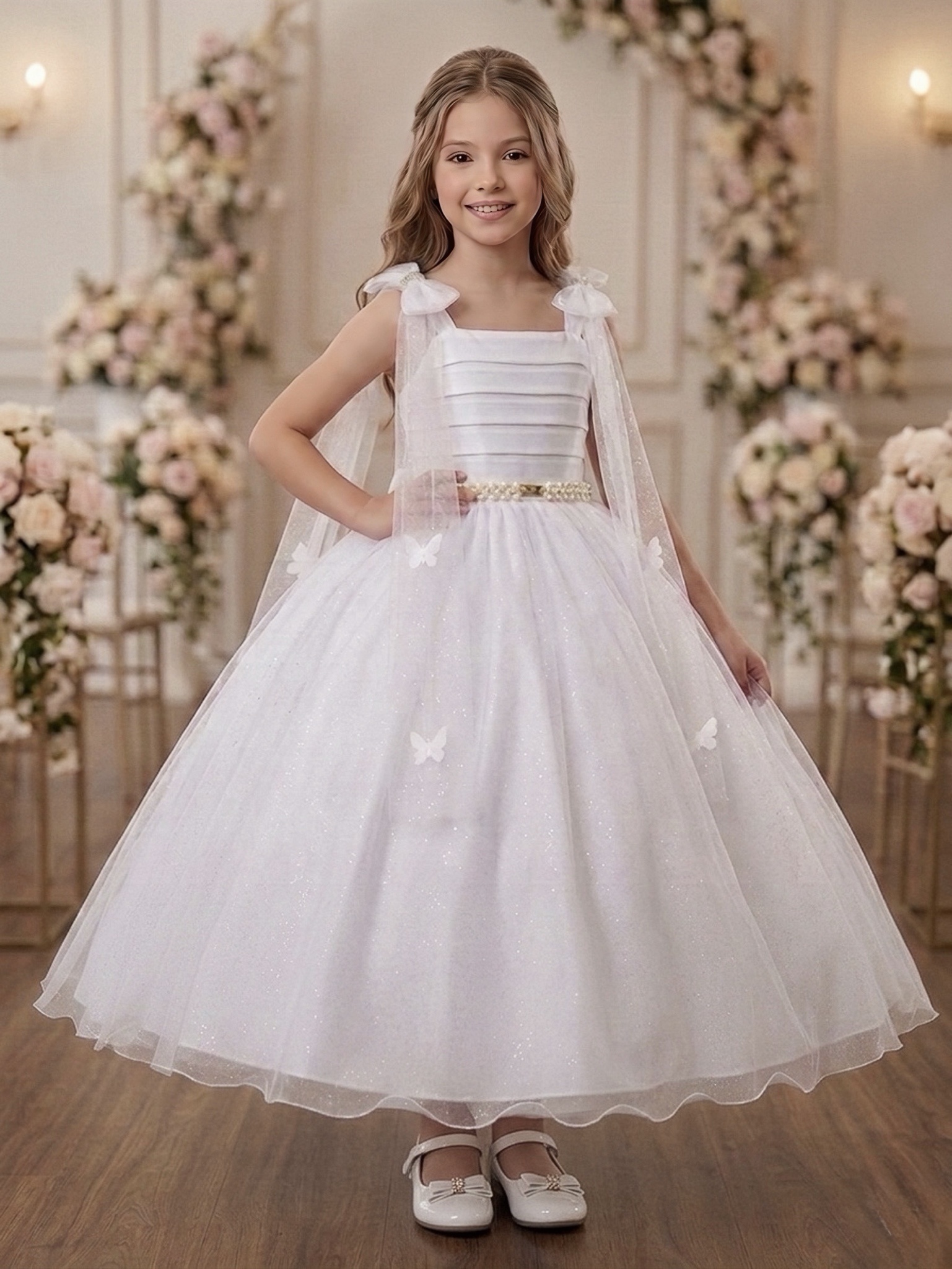 Vestido Infantil Longo Branco C/ Aplique de Borboletas Festas