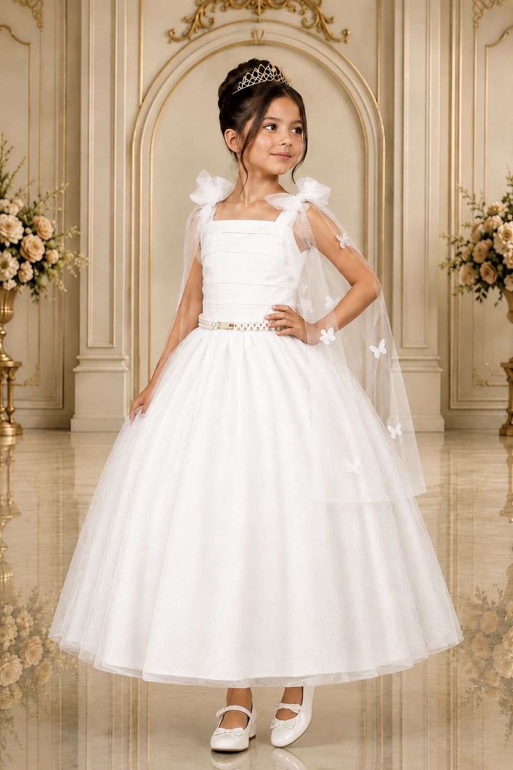 Vestido Infantil Longo Branco C/ Aplique de Borboletas Festas