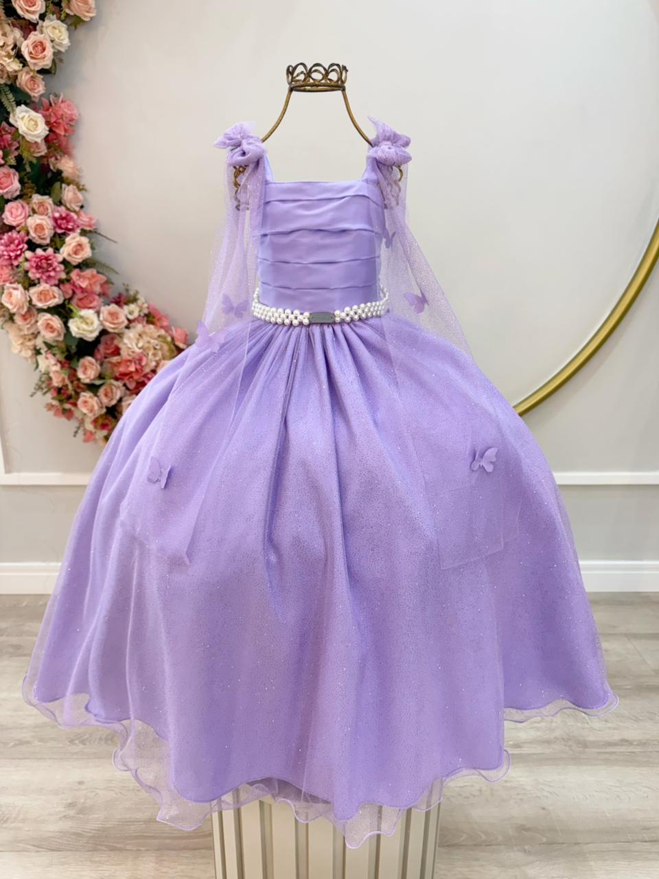 Vestido Infantil Longo Lilás Aplique Borboletas Festas Dama Luxo