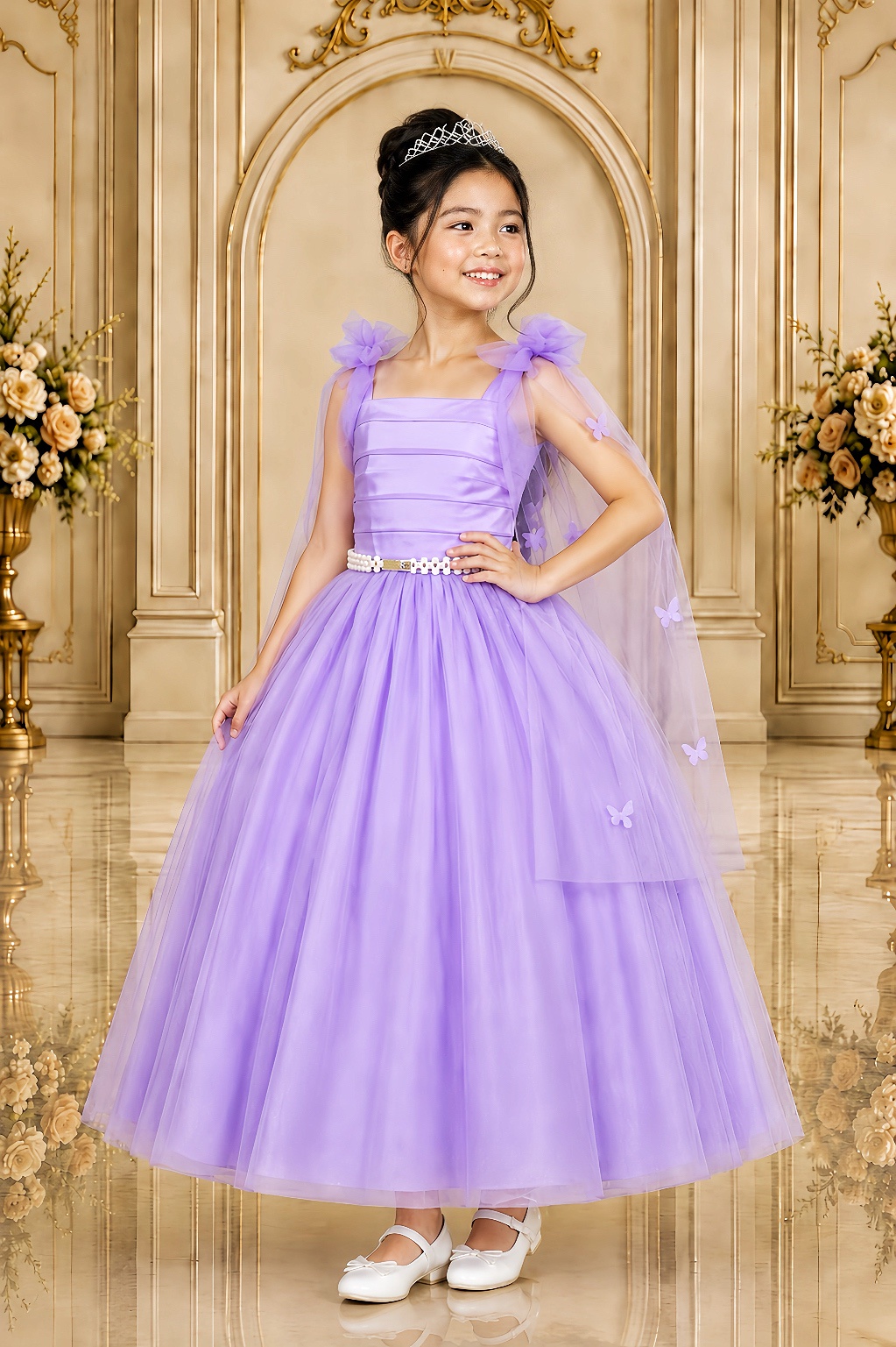 Vestido Infantil Longo Lilás Aplique Borboletas Festas Dama Luxo