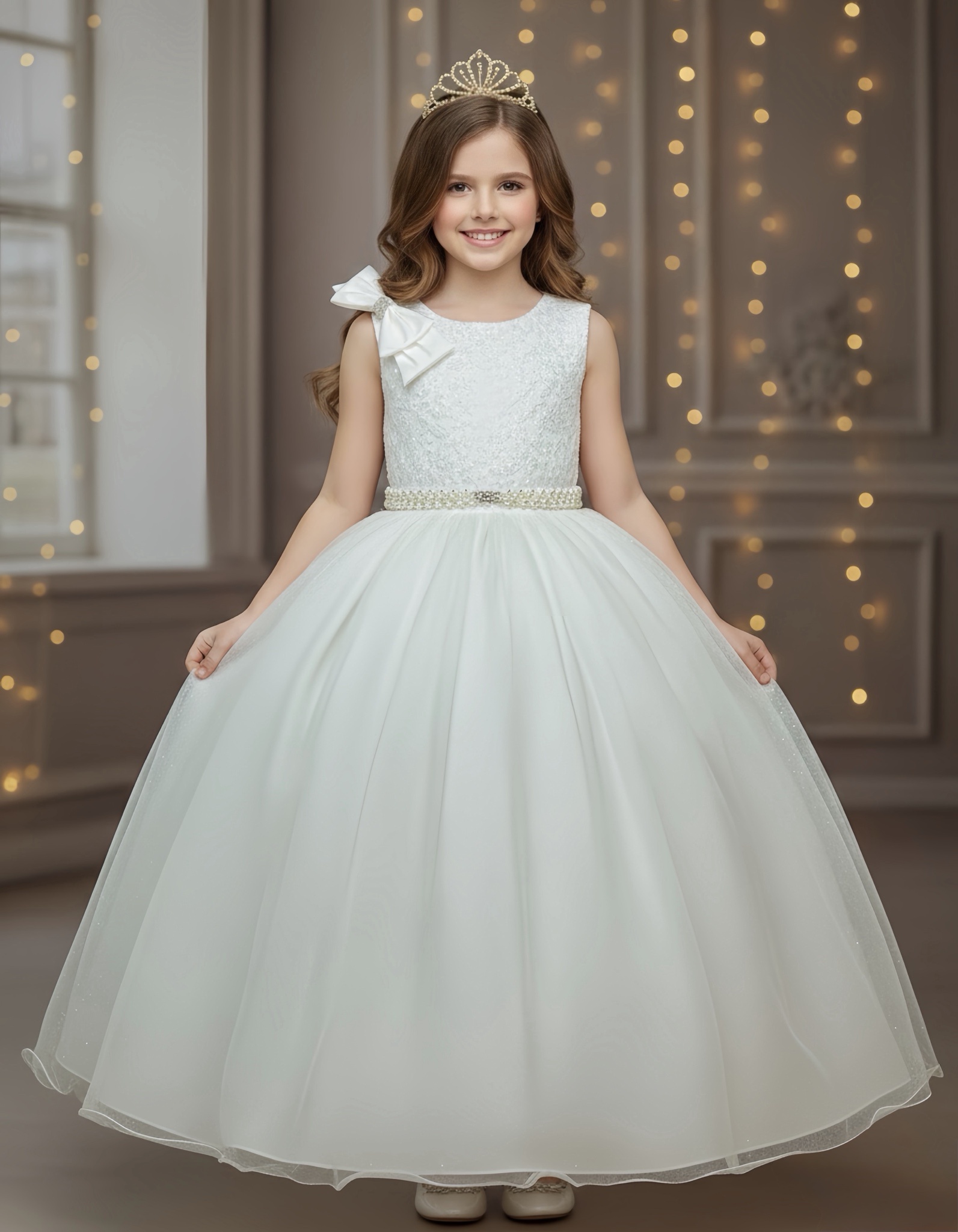 Vestido Infantil Longo Marfim Busto Renda Festas Damas Luxo