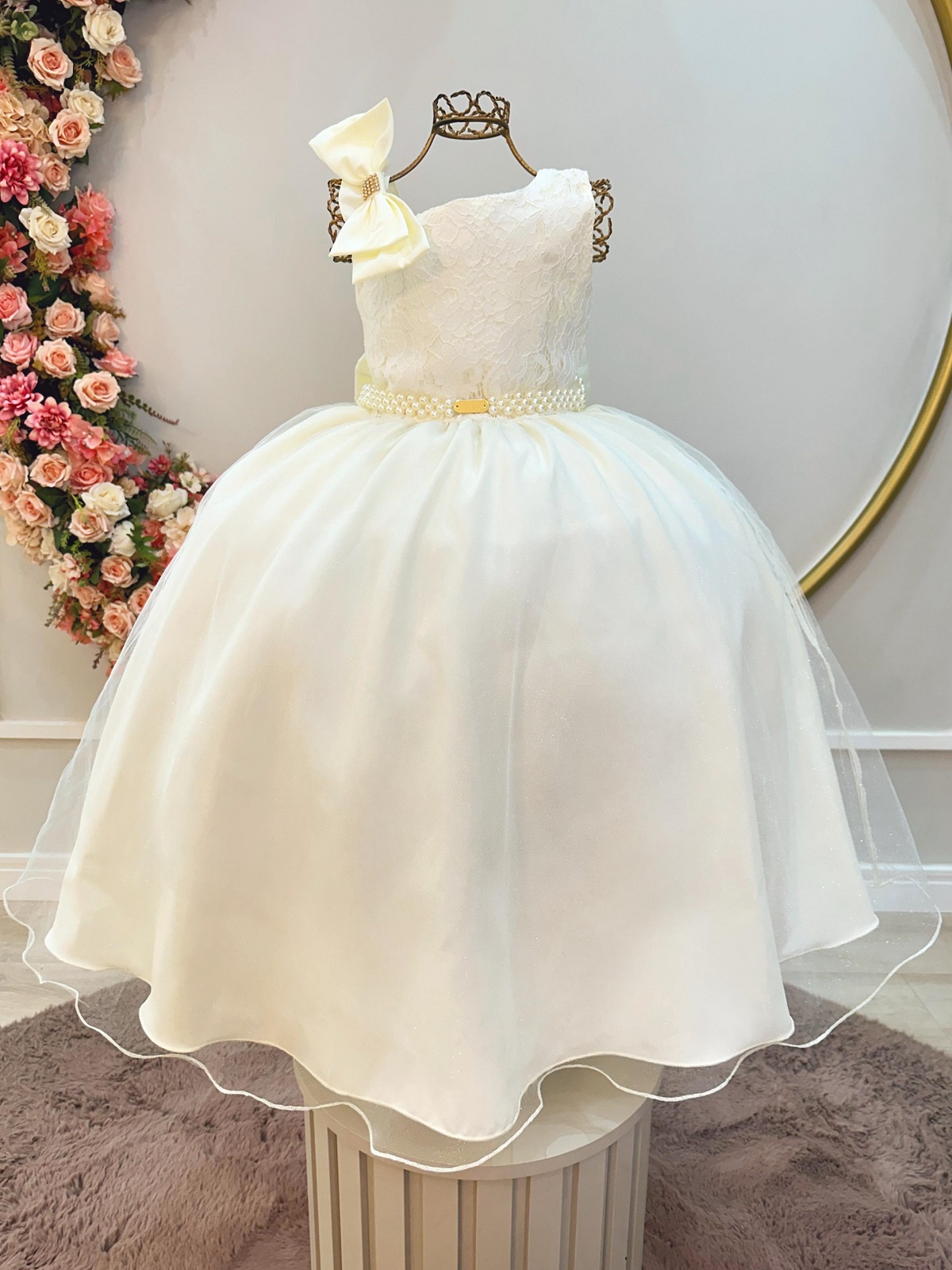 Vestido Infantil Longo Marfim Busto Renda Festas Daminhas