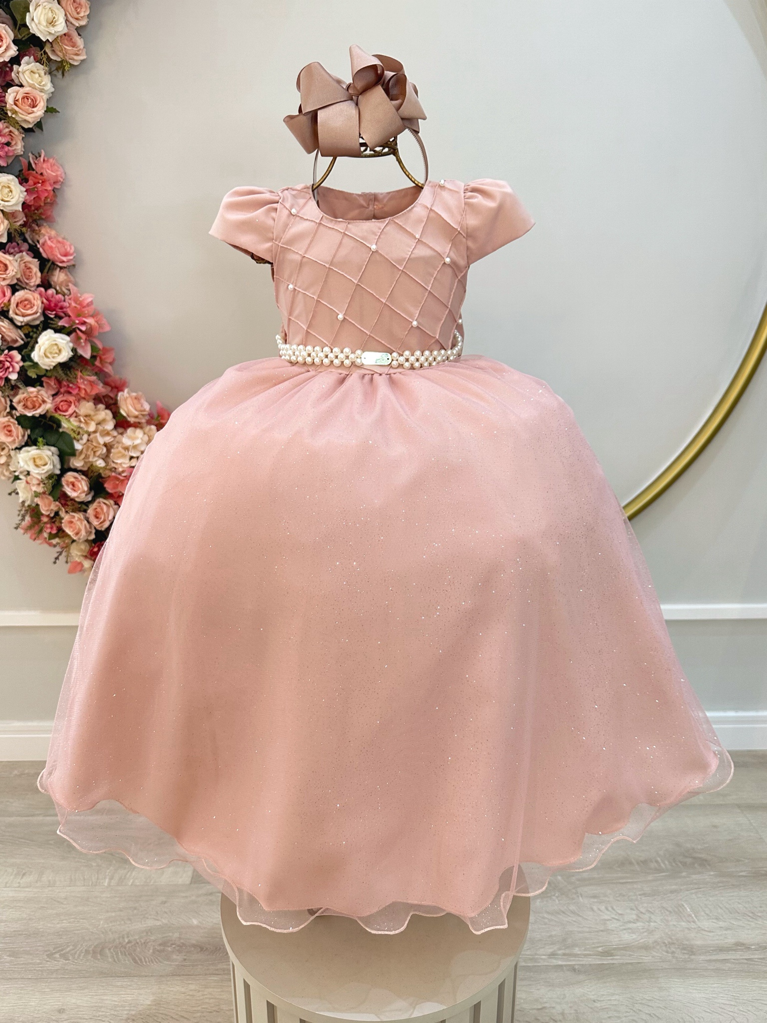 Vestido Infantil Longo Nude Busto Nervura Festas Daminha