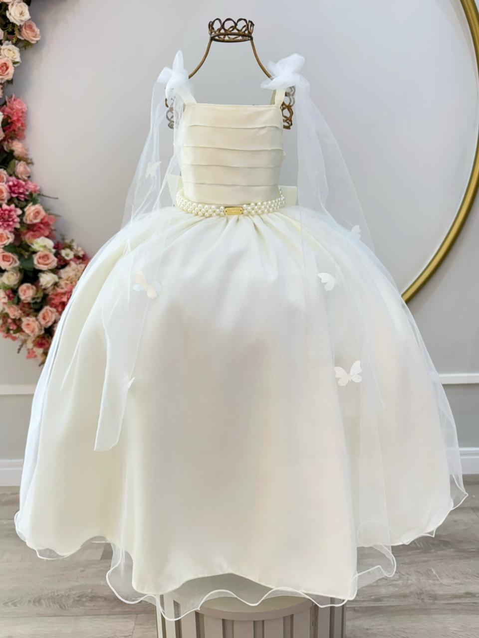 Vestido Infantil Longo Off White C/ Aplique Borboletas Festas