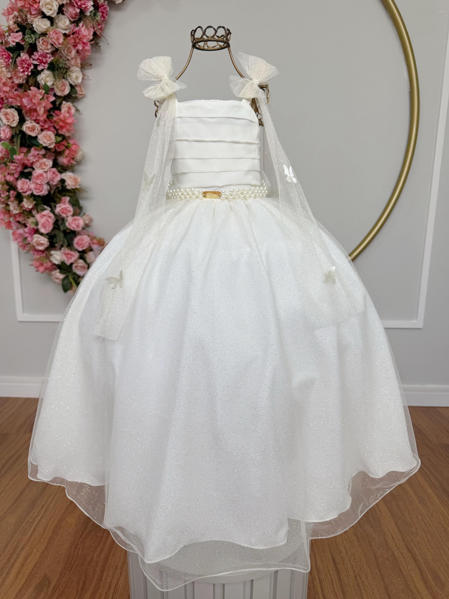 Vestido Infantil Longo Off White C/ Aplique Borboletas Festas