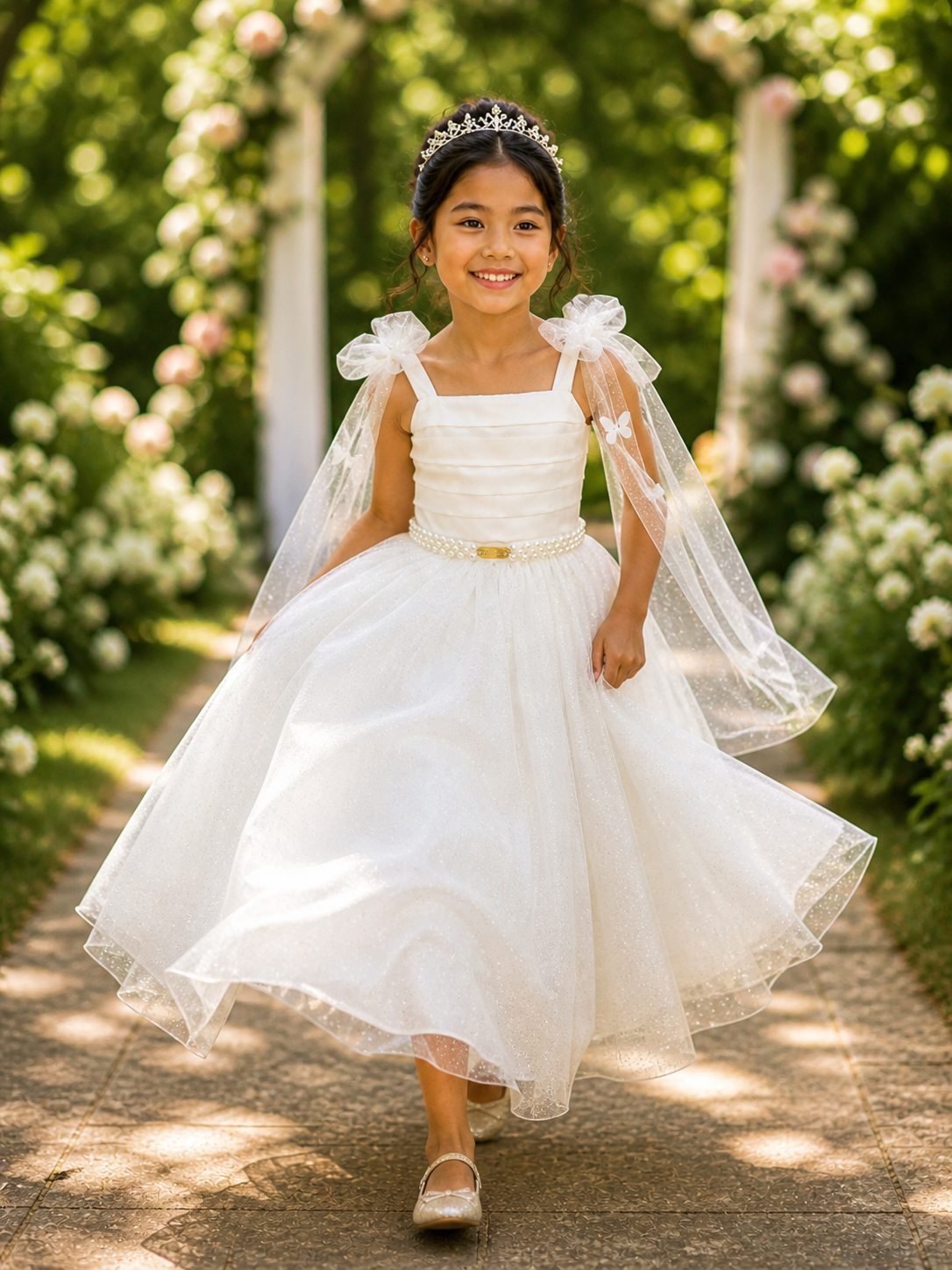 Vestido Infantil Longo Off White C/ Aplique Borboletas Festas