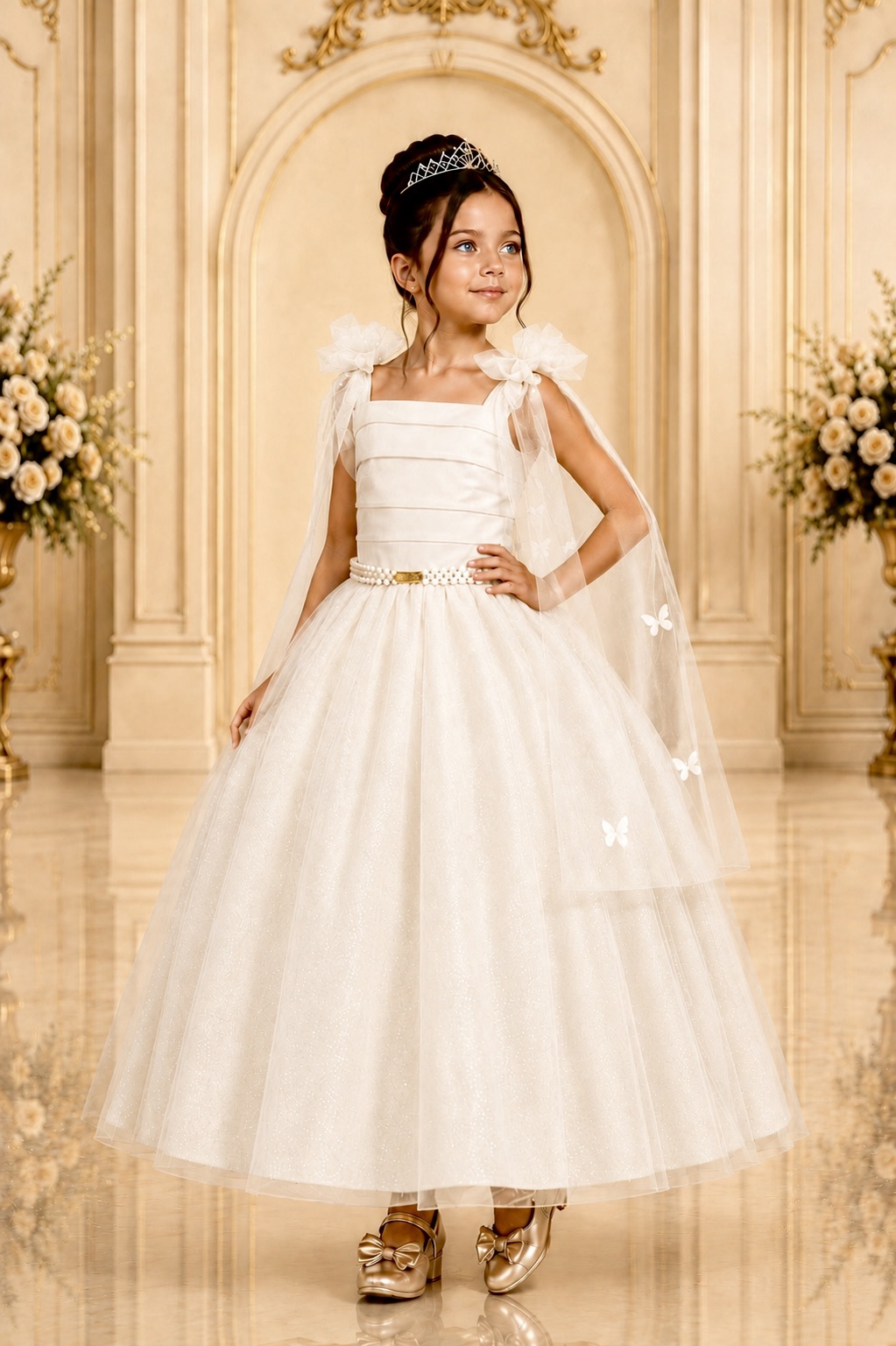 Vestido Infantil Longo Off White C/ Aplique Borboletas Festas