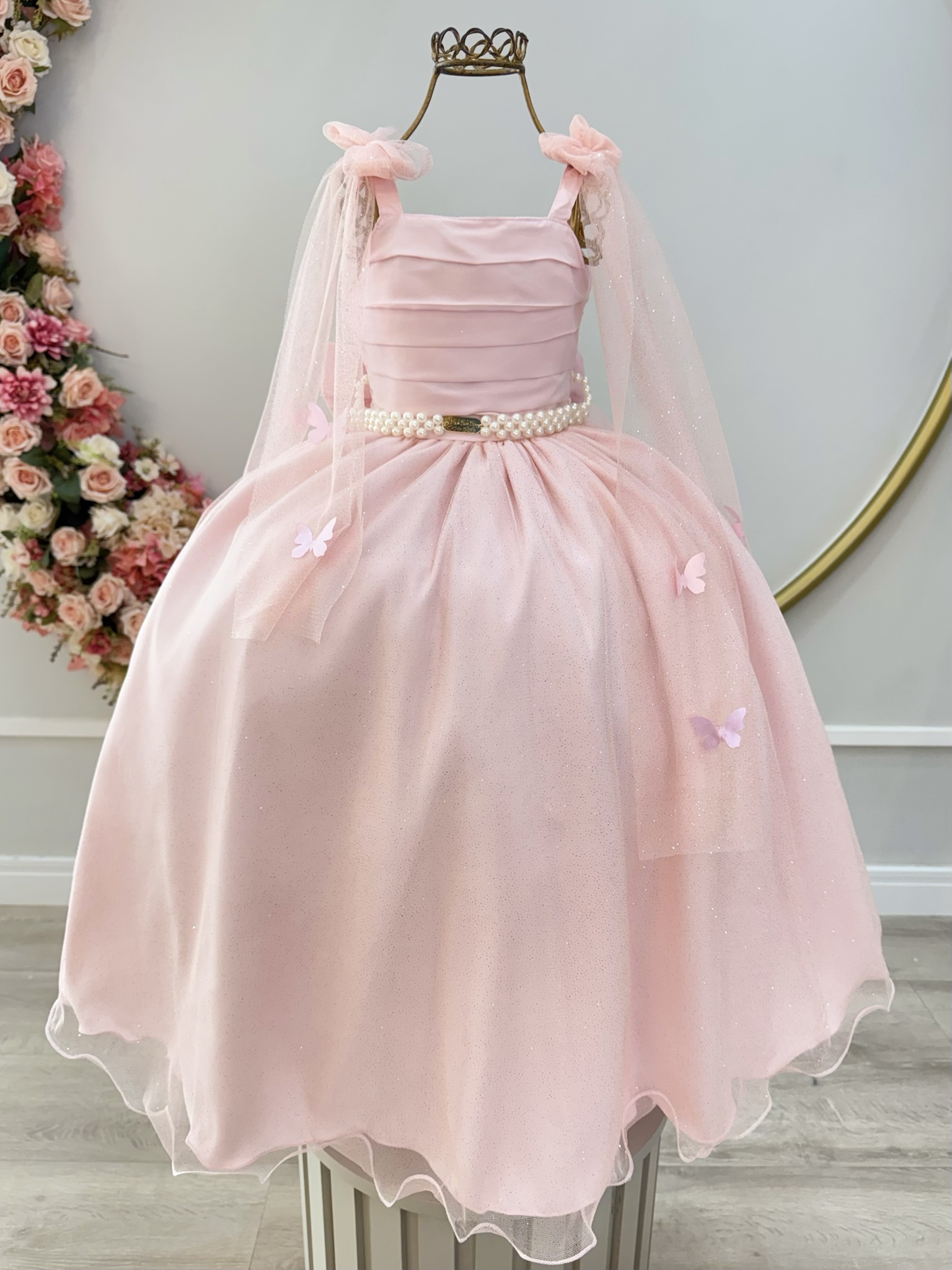 Vestido Infantil Longo Pêssego C/ Aplique Borboletas Festas
