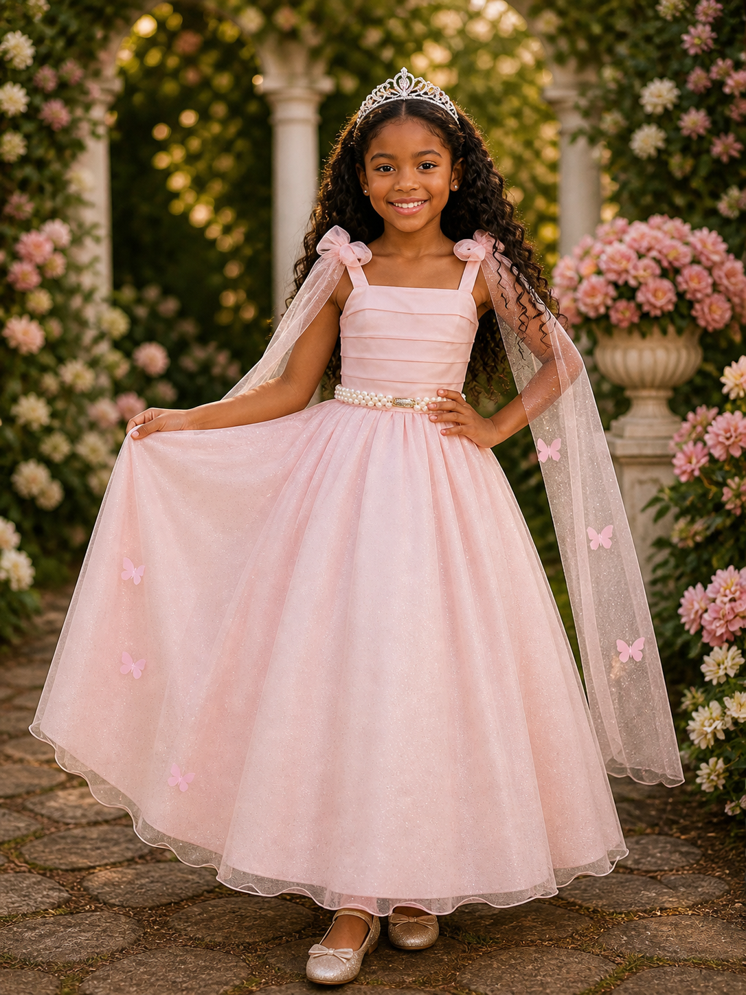 Vestido Infantil Longo Pêssego C/ Aplique Borboletas Festas