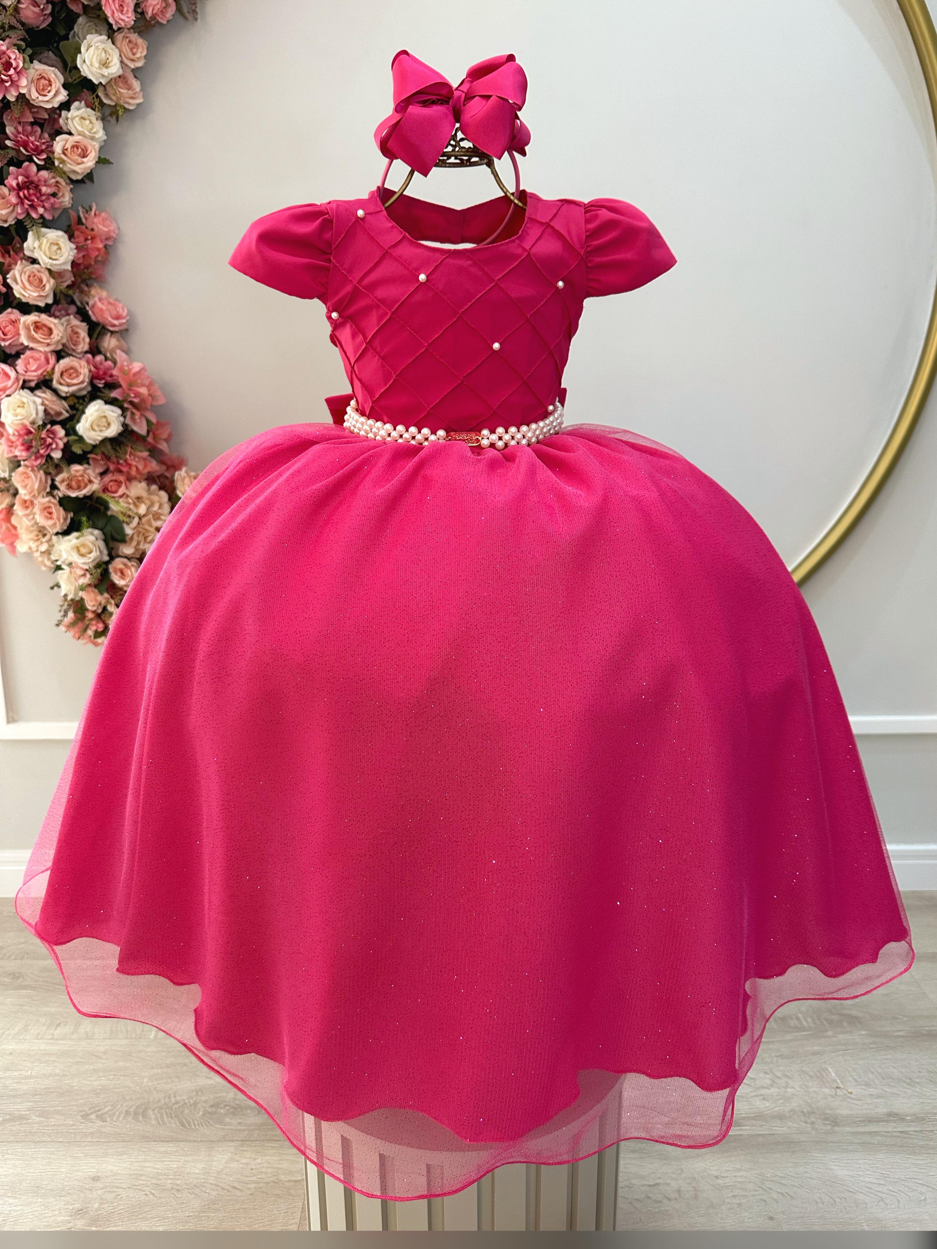 Vestido Infantil Longo Pink Busto Nervura Festas Daminhas