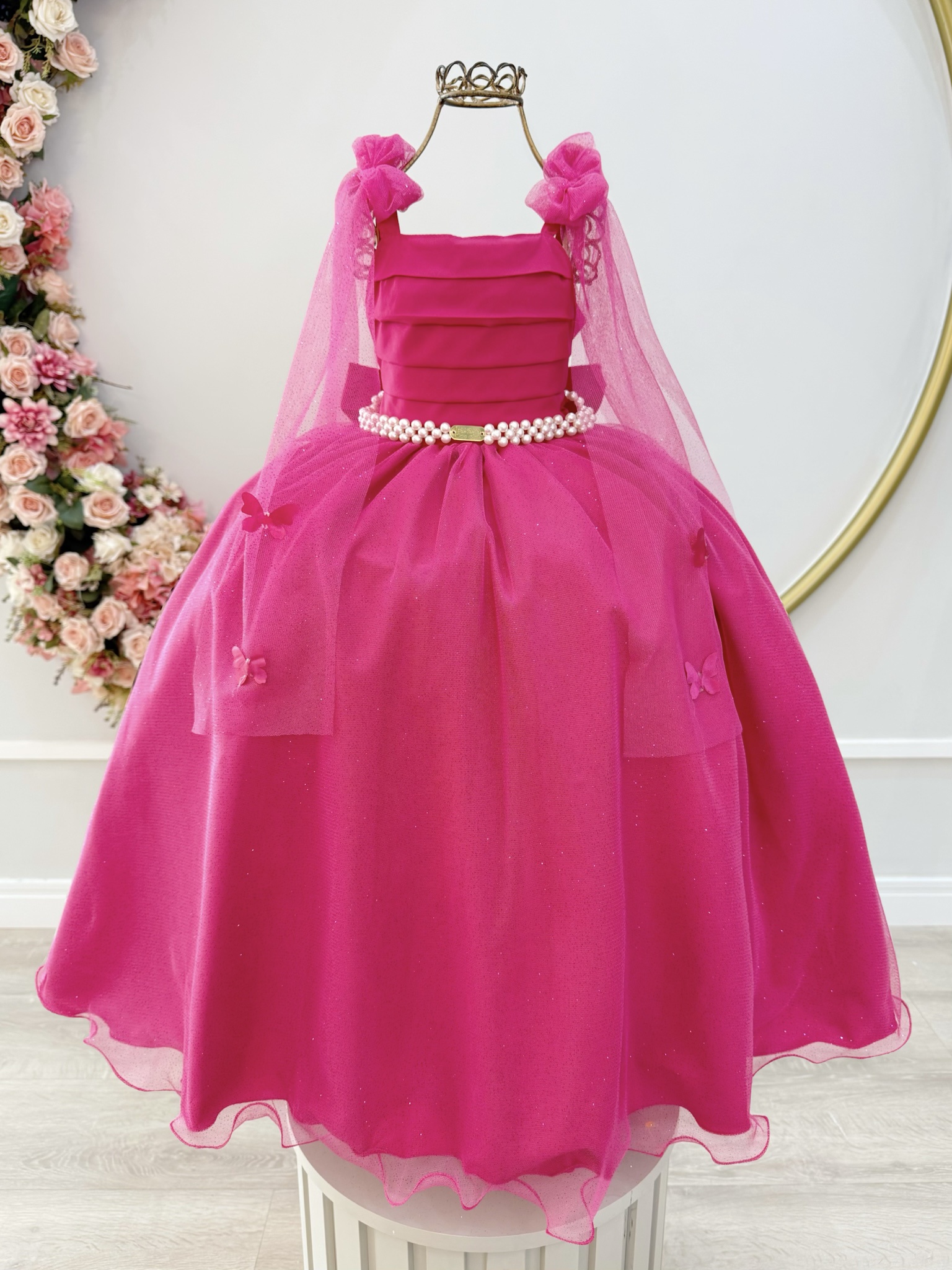 Vestido Infantil Longo Pink C/ Aplique de Borboletas Festas
