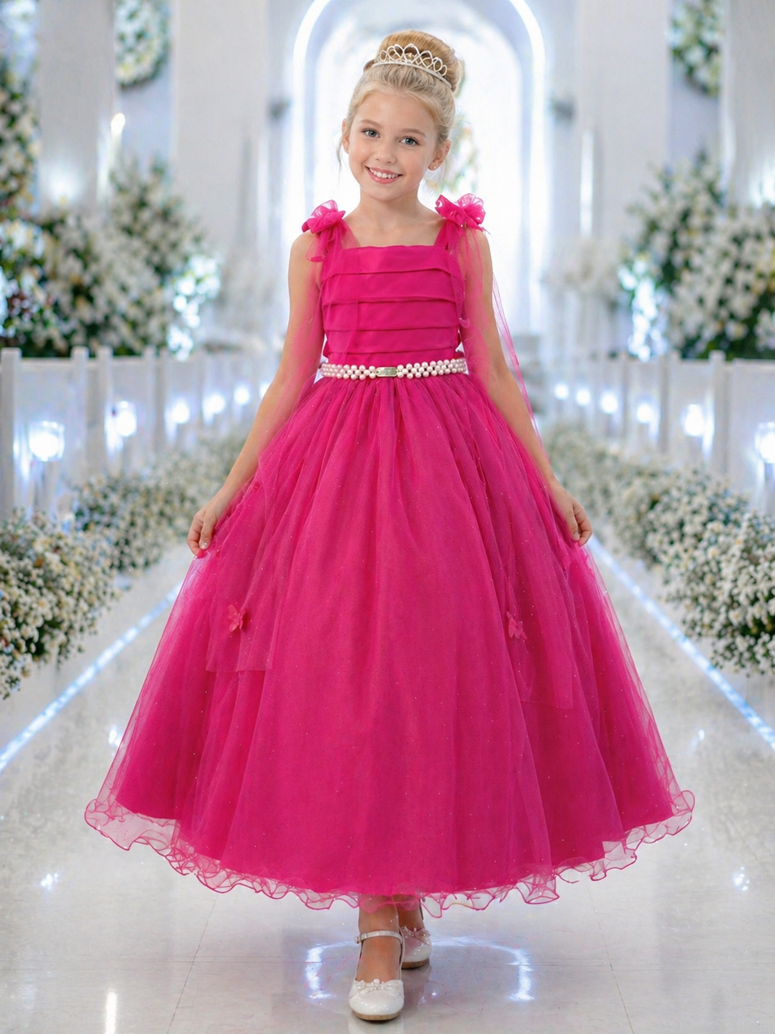 Vestido Infantil Longo Pink C/ Aplique de Borboletas Festas