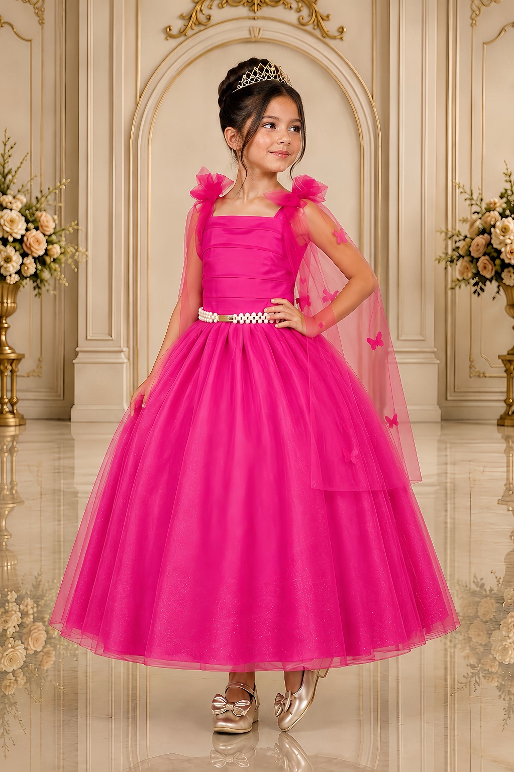 Vestido Infantil Longo Pink C/ Aplique de Borboletas Festas