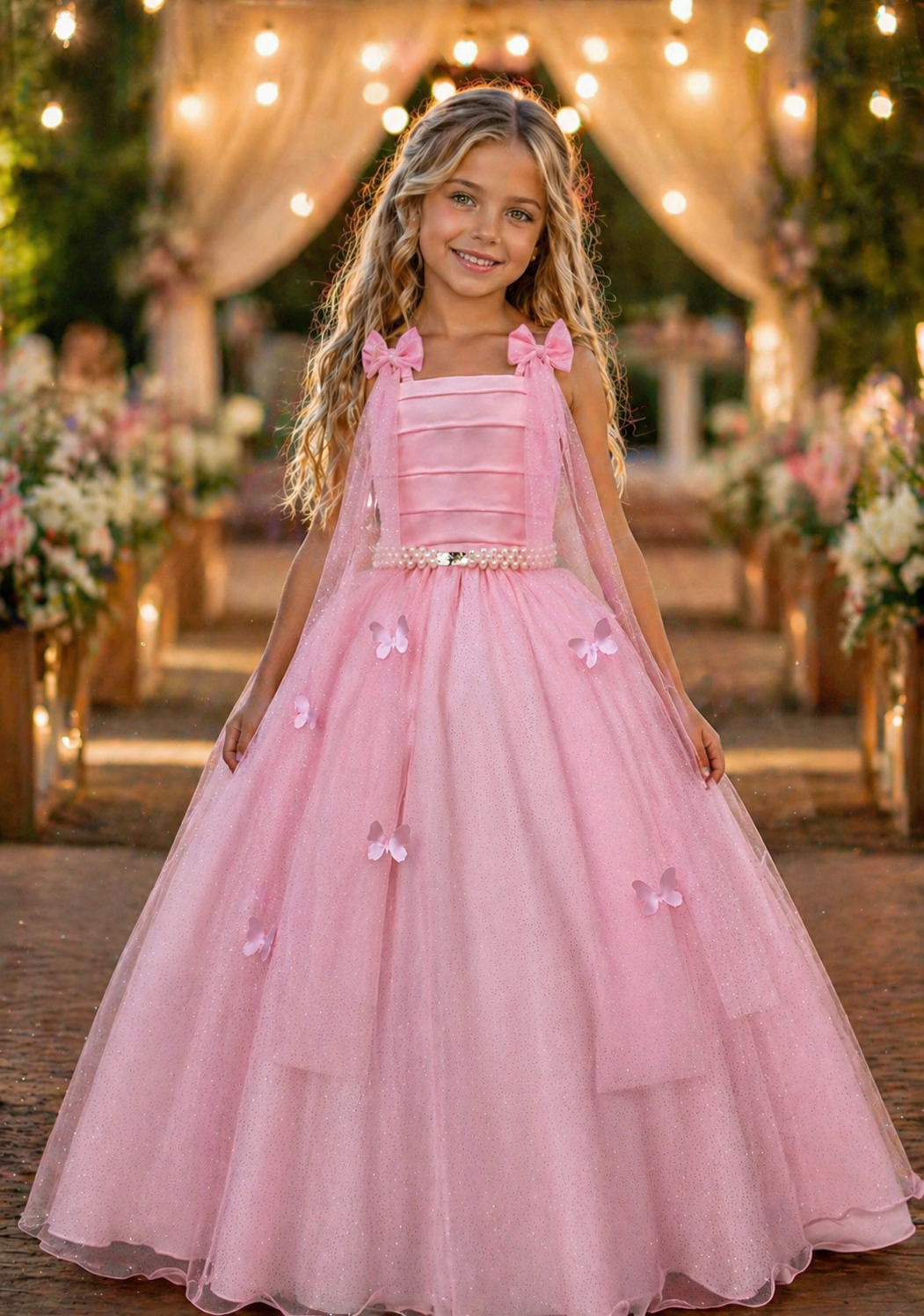 Vestido Infantil Longo Rosa Aplique Borboletas Festas Dama Luxo