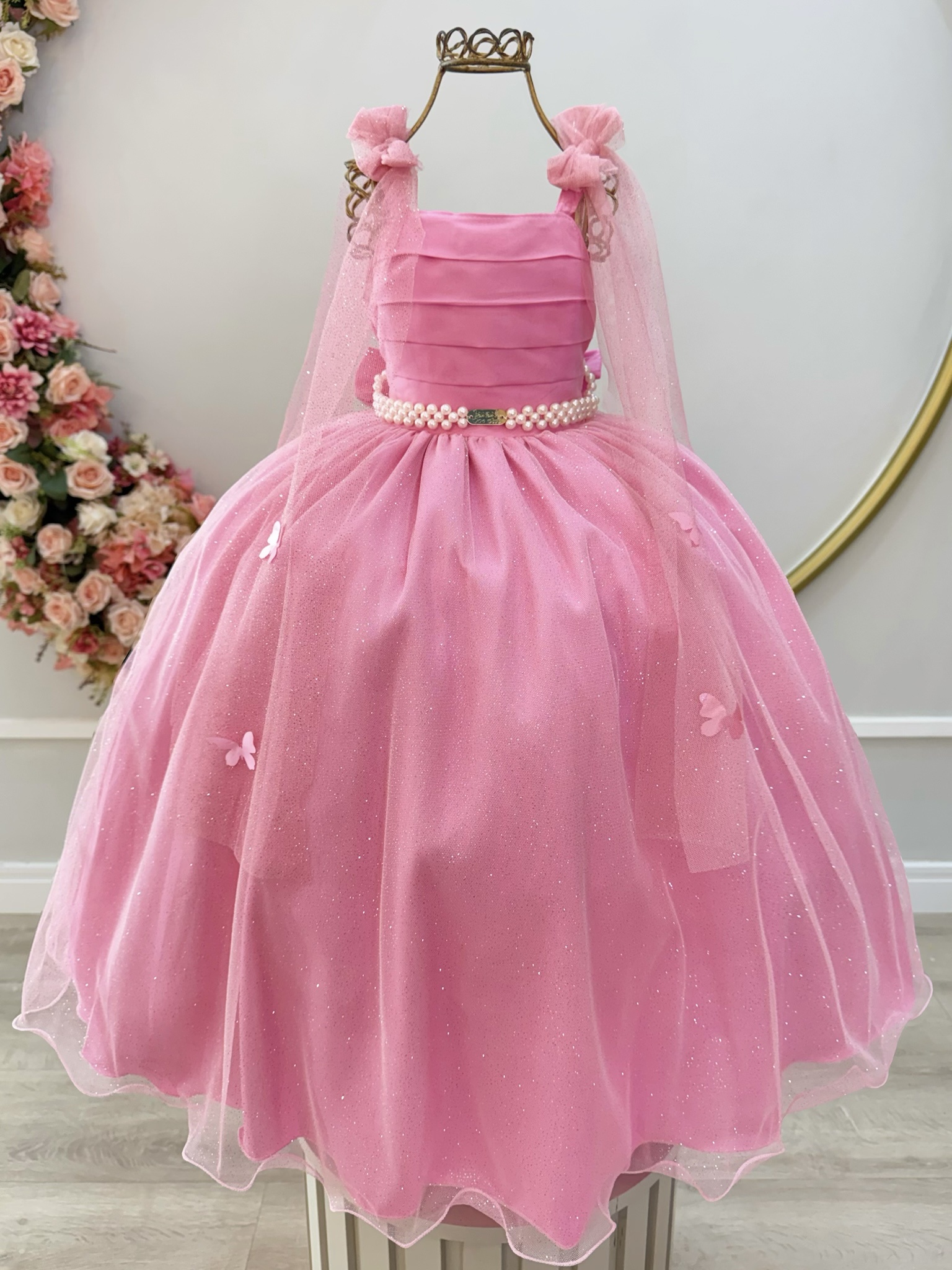 Vestido Infantil Longo Rosa Chiclete Aplique Borboletas Festas