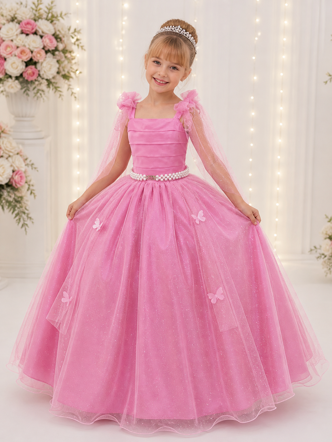 Vestido Infantil Longo Rosa Chiclete Aplique Borboletas Festas