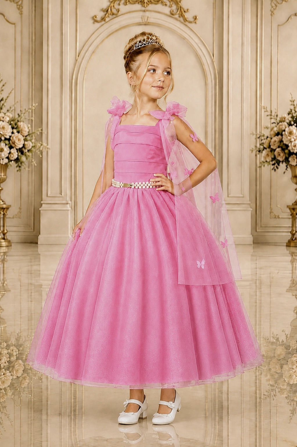 Vestido Infantil Longo Rosa Chiclete Aplique Borboletas Festas