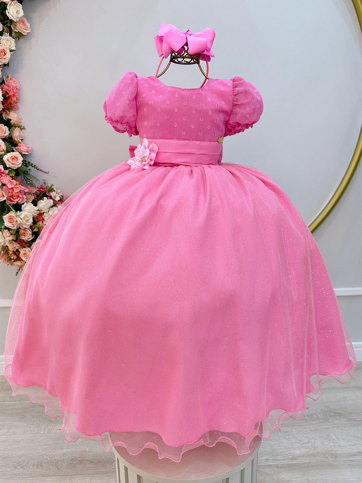 Vestido Infantil Longo Rosa Chiclete C/ Broche Flor Daminhas