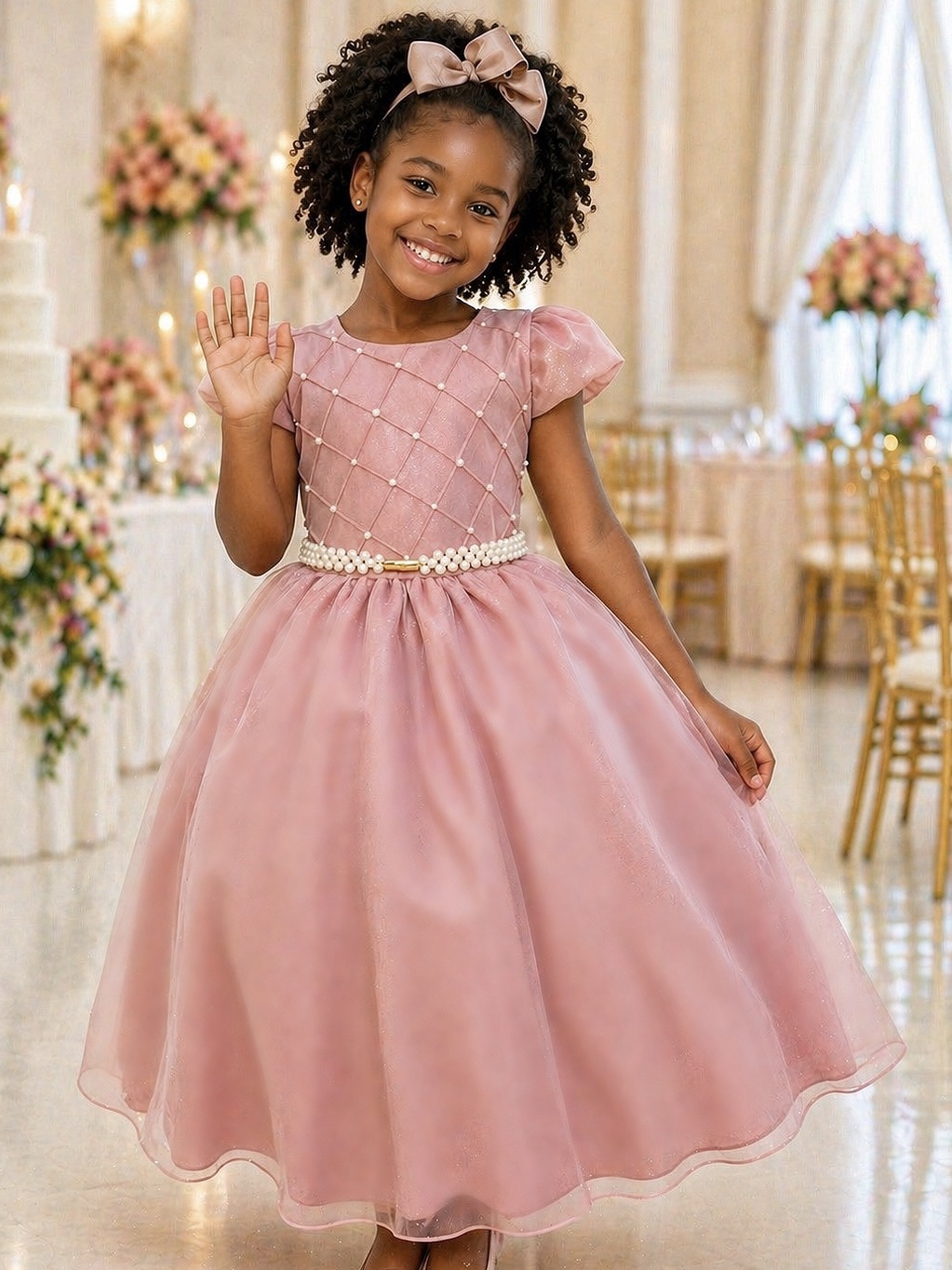 Vestido Infantil Longo Rose Busto Nervura Festas Daminhas
