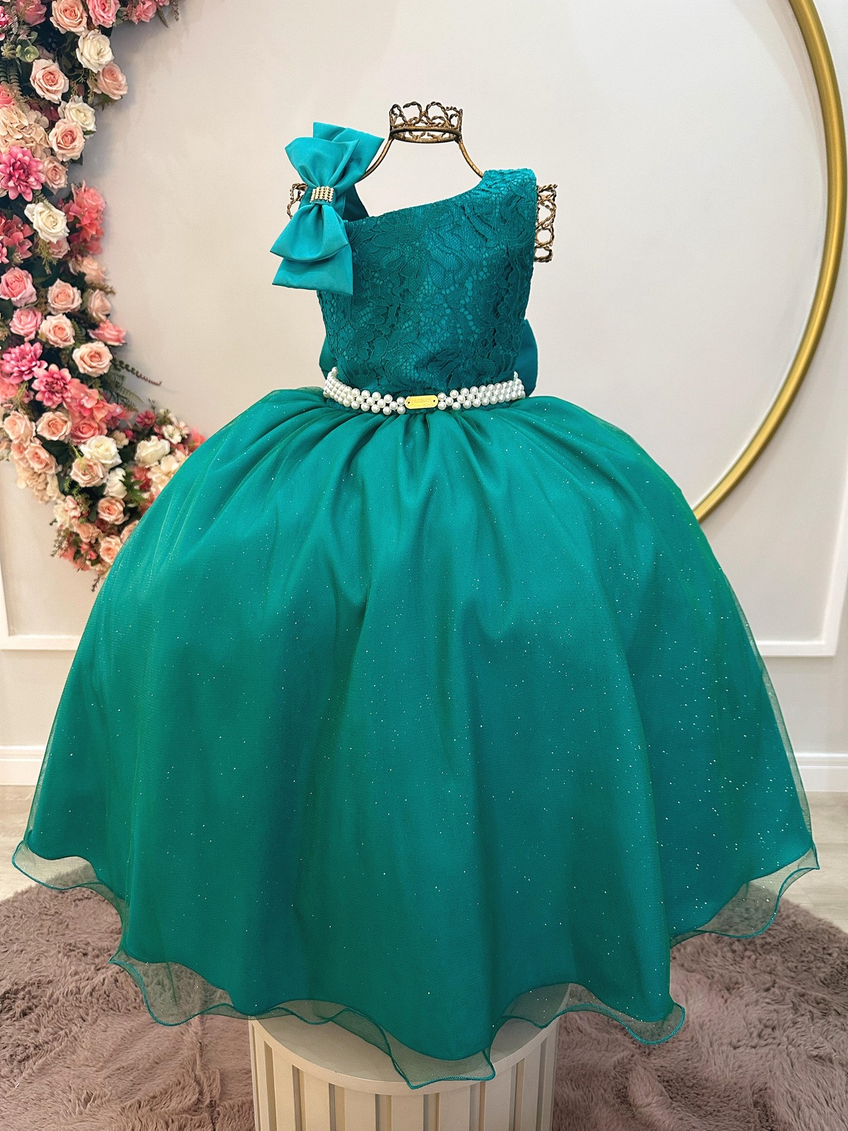 Vestido Infantil Longo Verde Busto Renda Festas Daminhas